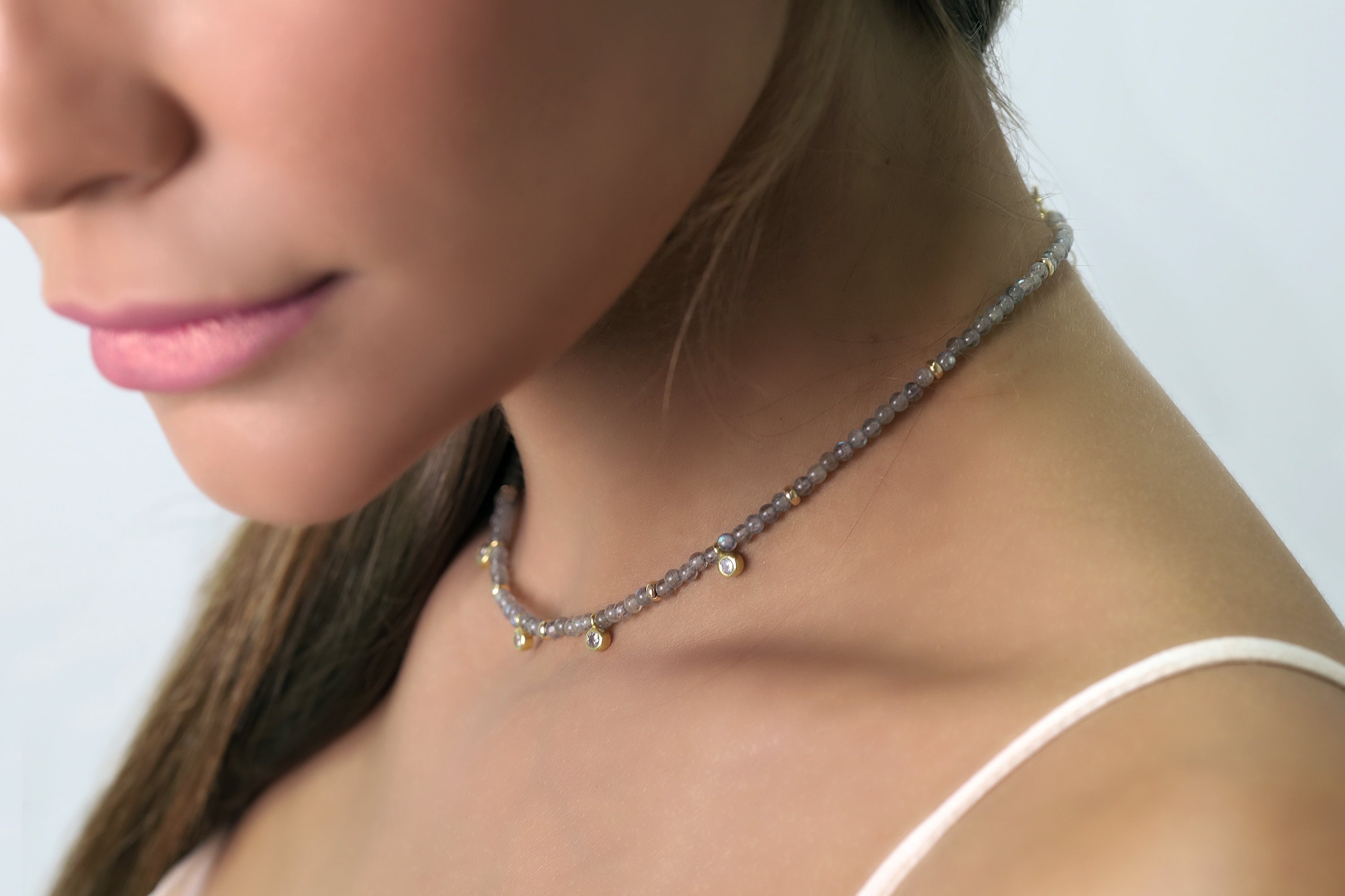 Labradorite Beaded Necklace with CZ Gold Charms necklaces Anemone Unique