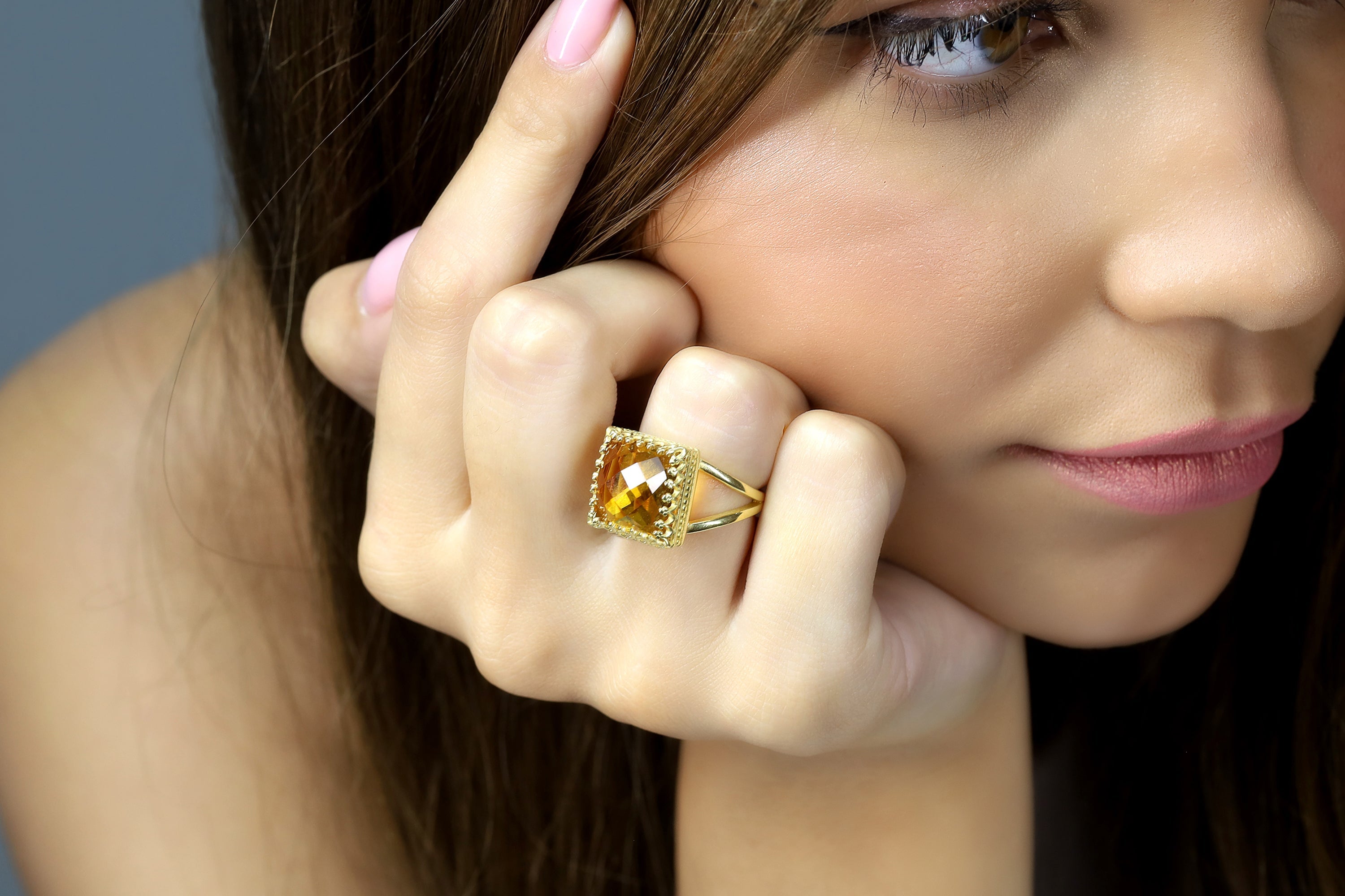 10CT Citrine Ring in 14K Gold-filled Double Band Rings Anemone Jewelry