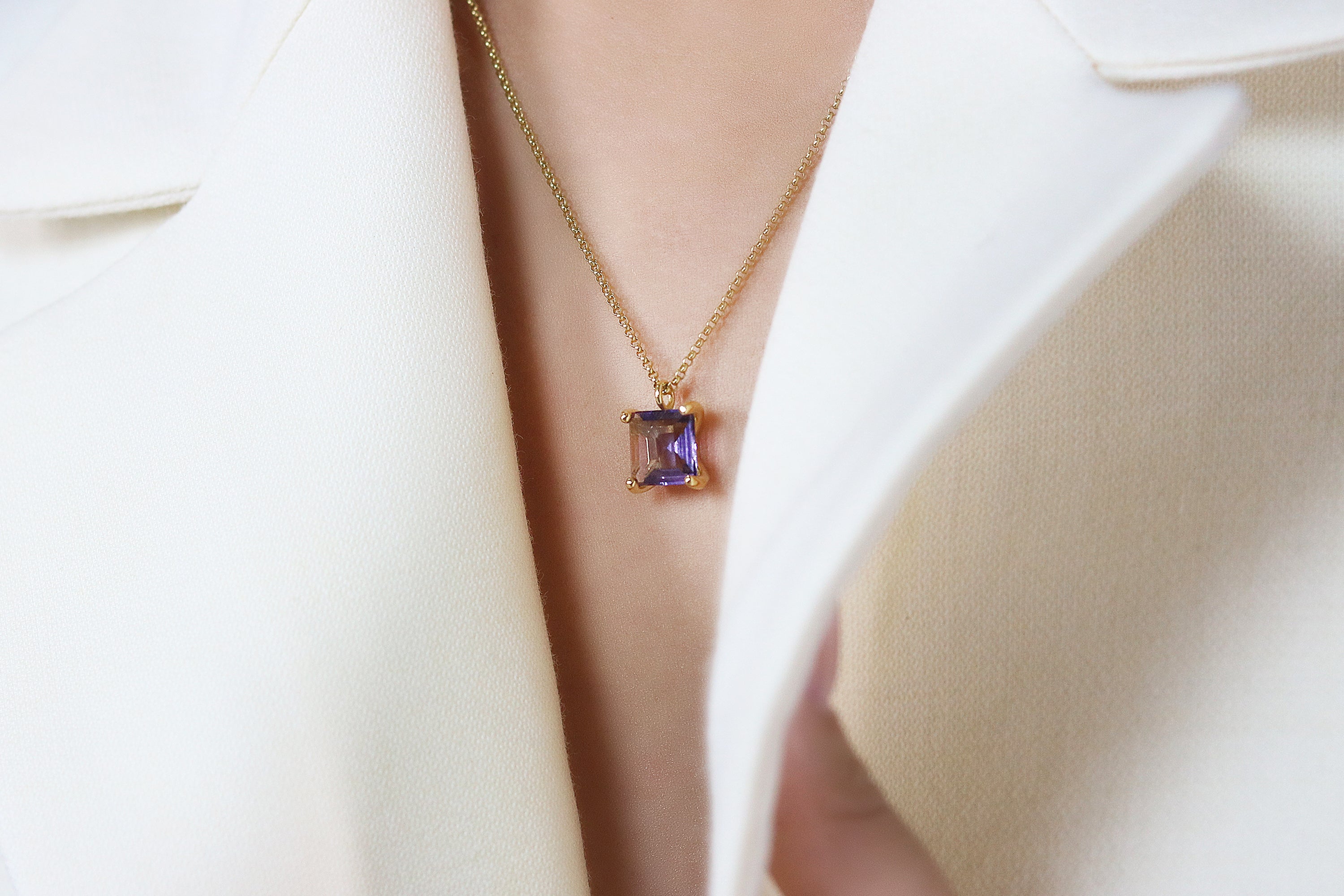 Adorable Square Amethyst Necklace in Gold necklaces Anemone Unique
