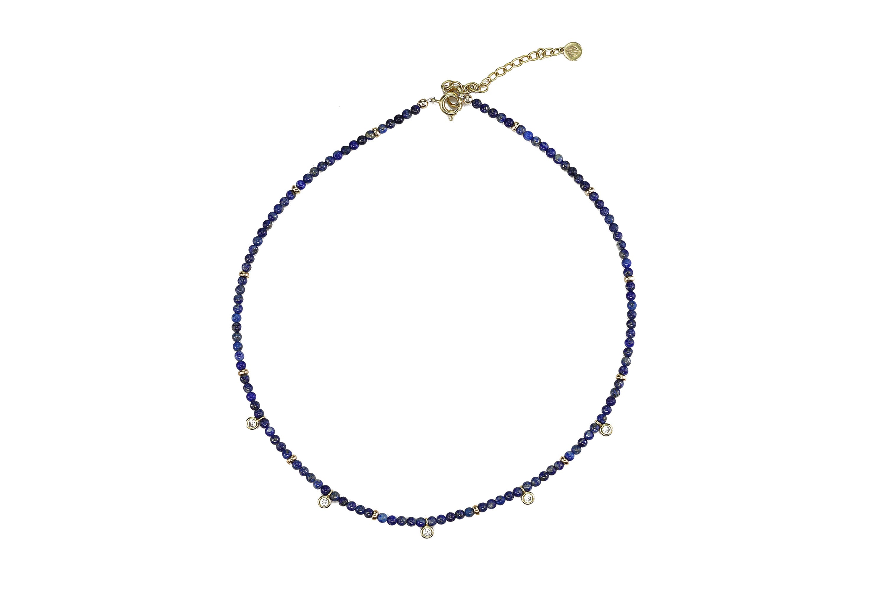 Lapis Lazuli Beaded Gold Necklace with Gold Cubic Zircon Charms necklaces Anemone Unique