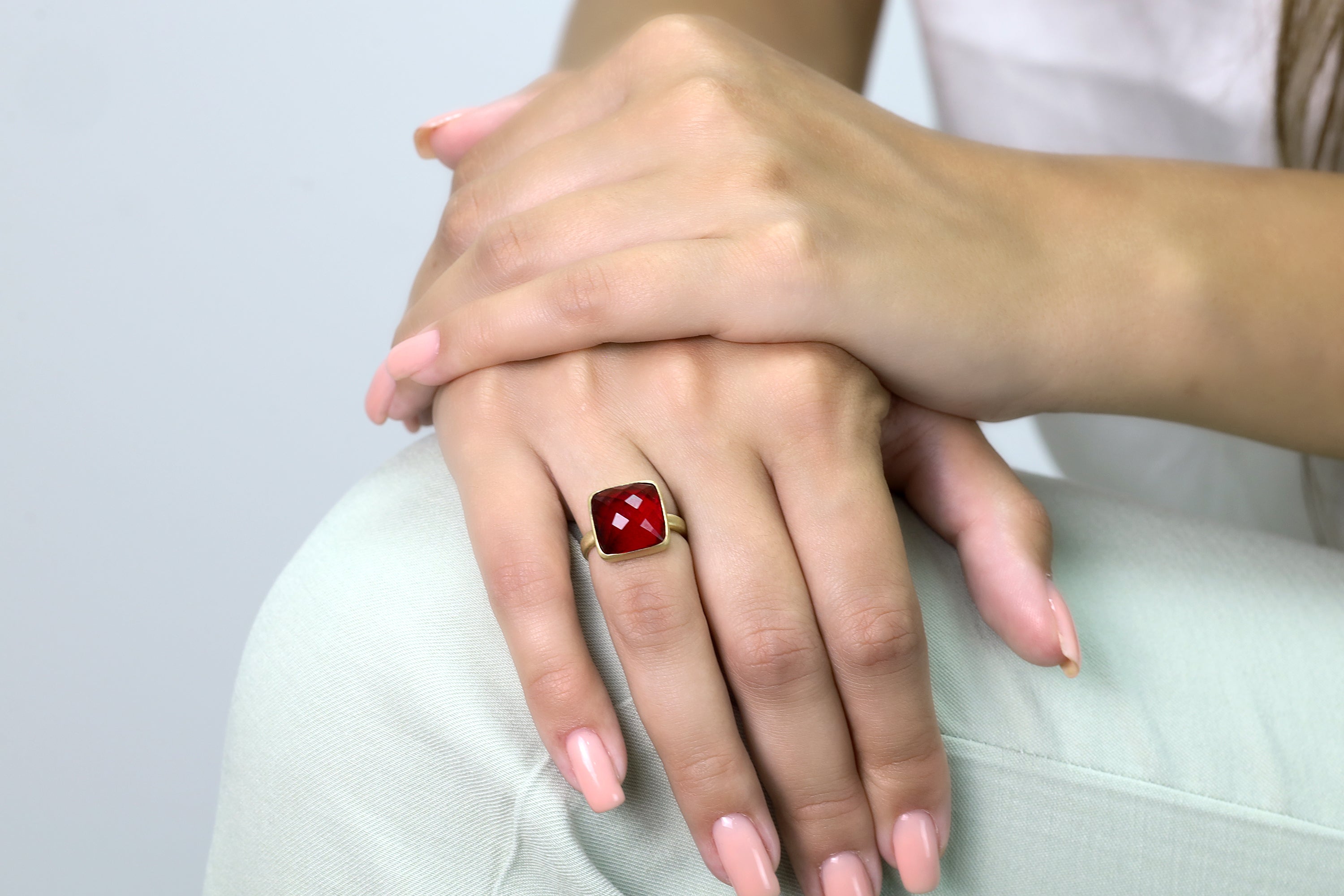 Square Faceted Garnet Bezel Set Gold Ring Rings Anemone Limited
