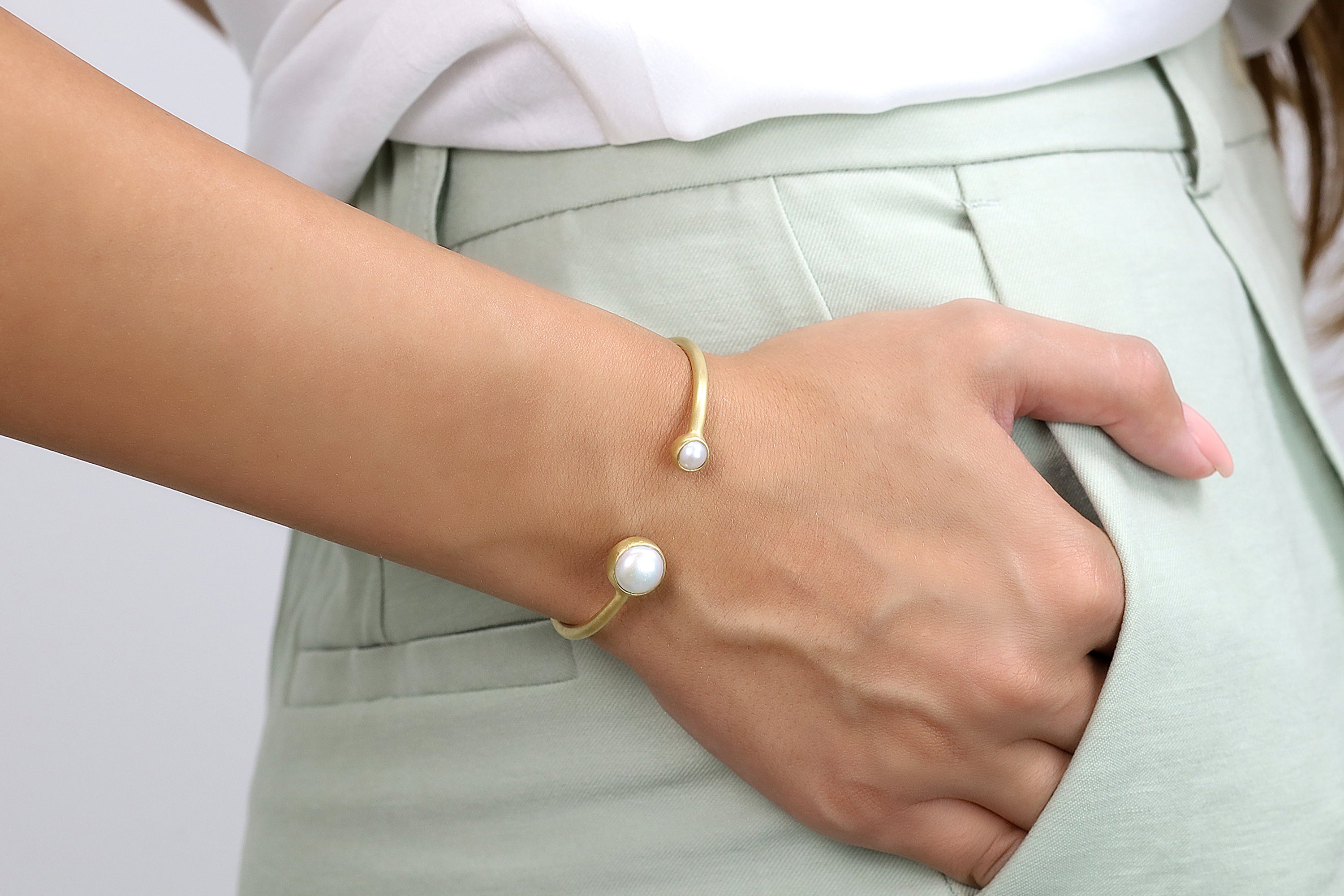 Open Cuff Gold Bracelet Bezel Set with 6mm & 10mm Pearl Bracelets Anemone Limited