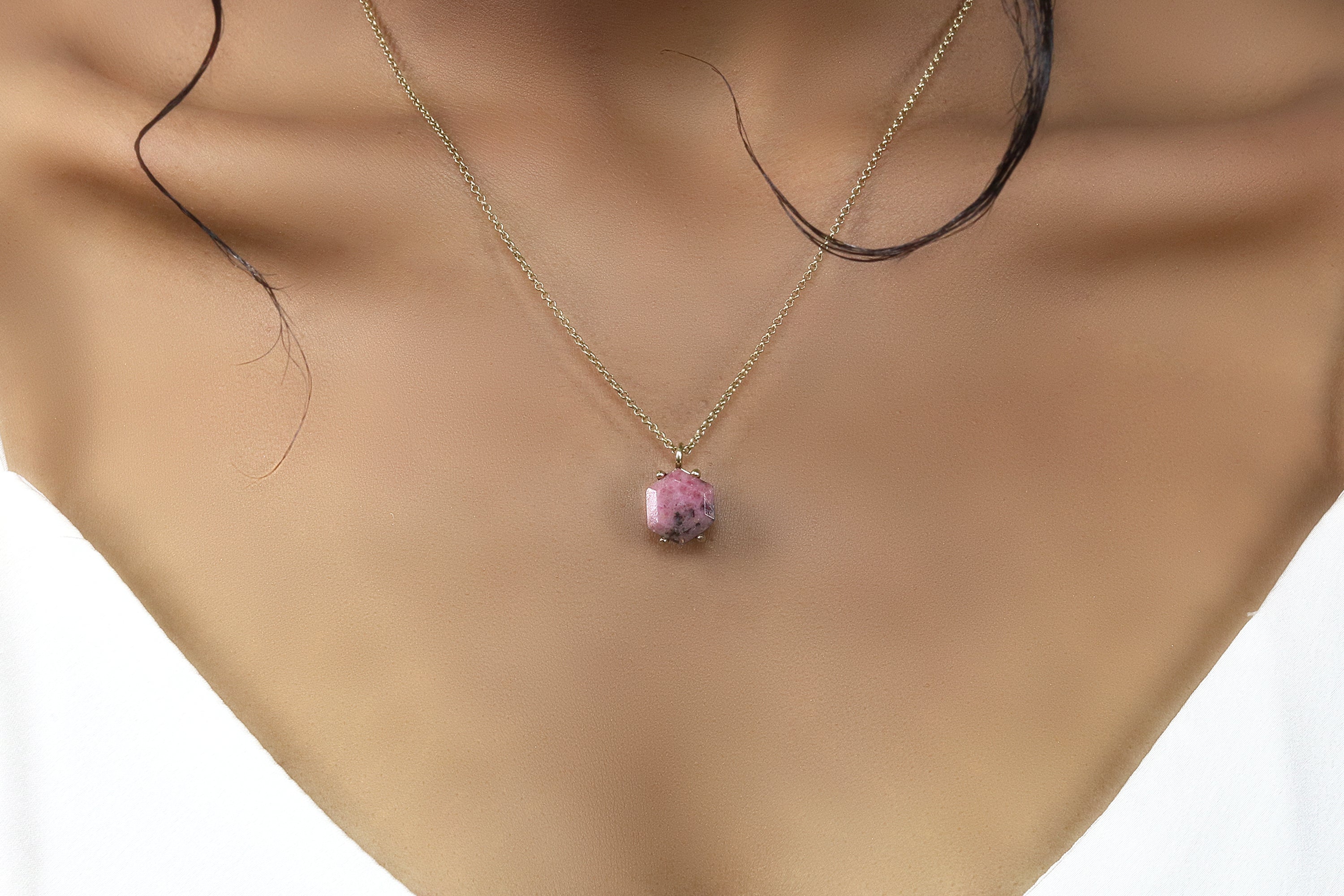 Alluring Hexagon Rhodonite Gold Necklace necklaces Anemone Unique