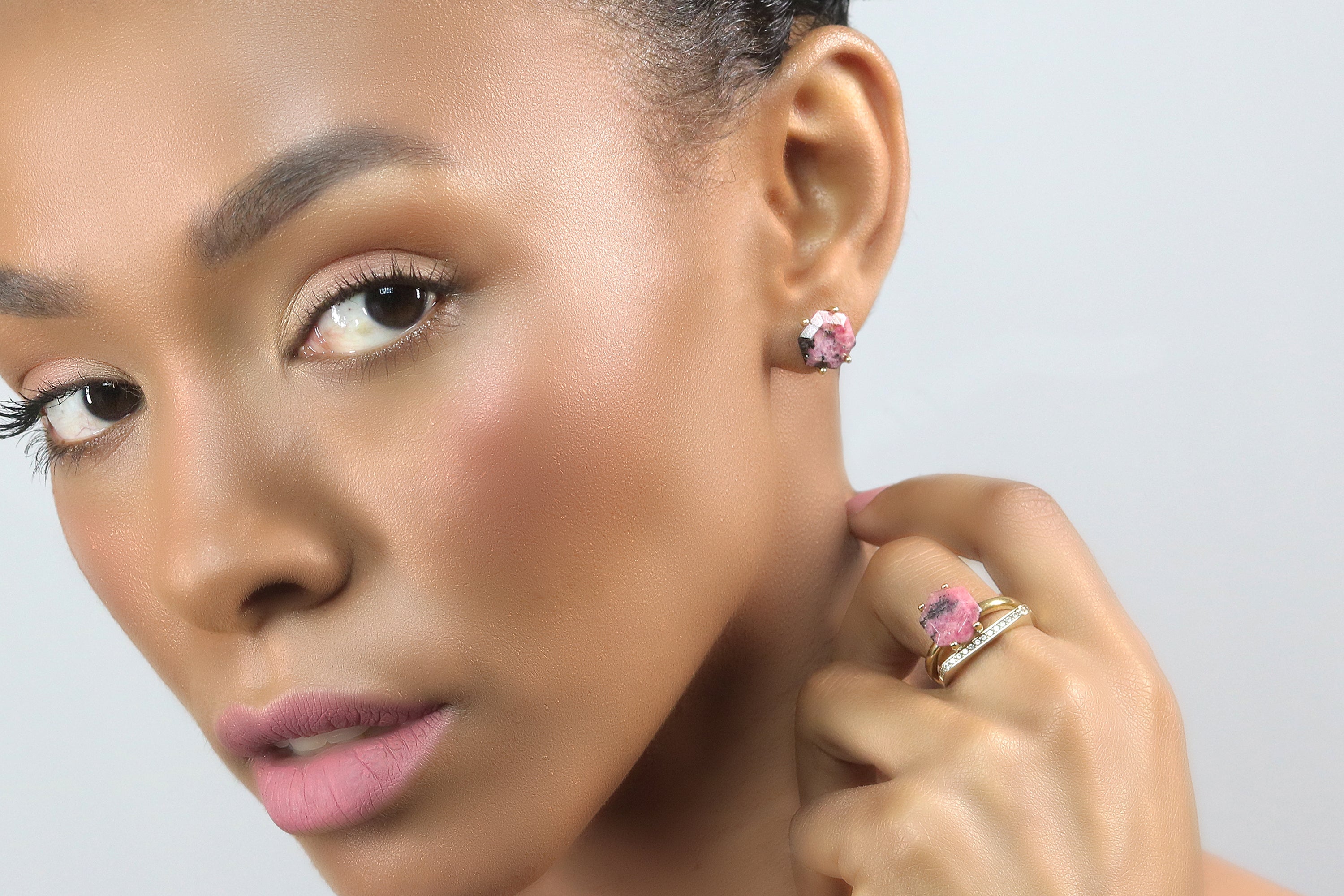 Dainty Hexagon Cut Rhodonite Gold Earrings Earrings Anemone Unique