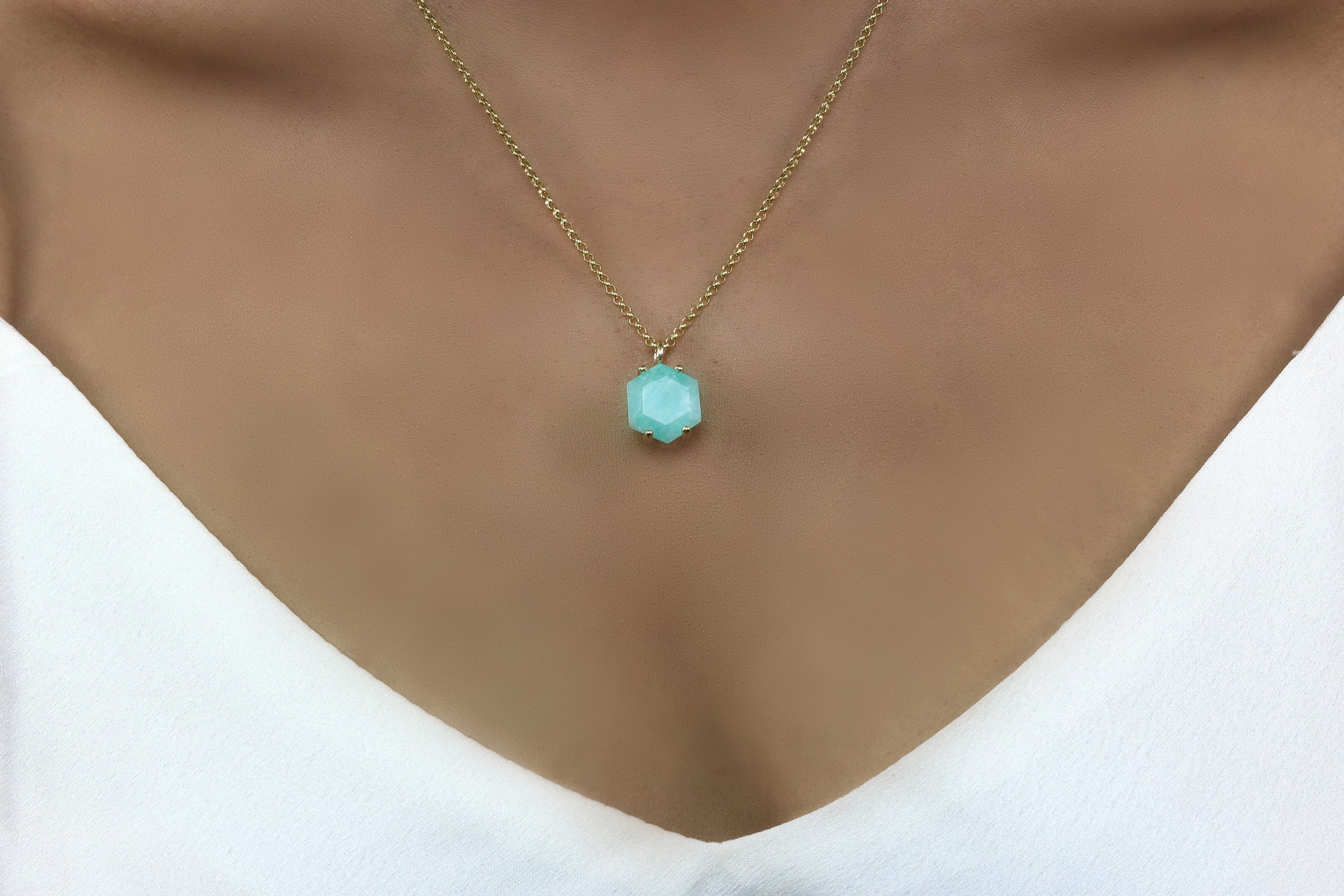 Vibrant Hexagon Amazonite Gold Necklace necklaces Anemone Unique