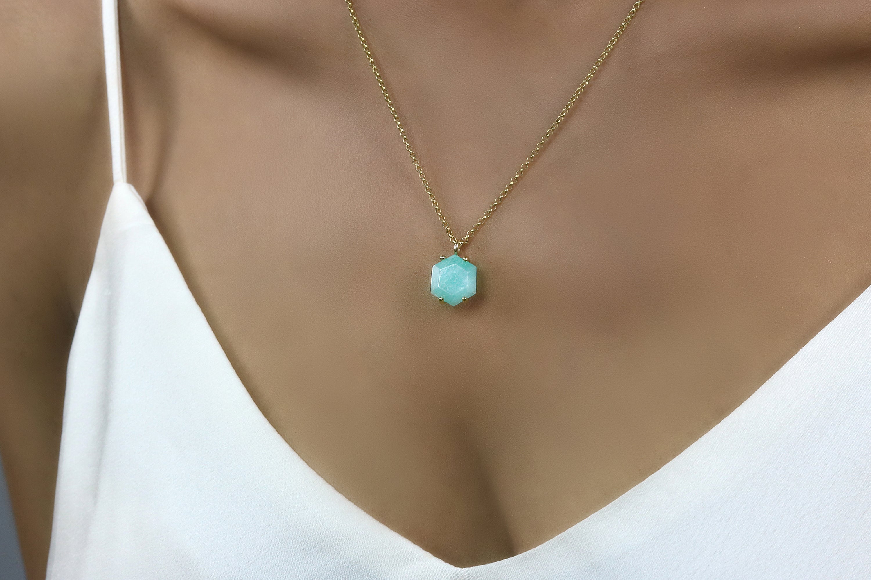 Vibrant Hexagon Amazonite Gold Necklace necklaces Anemone Unique
