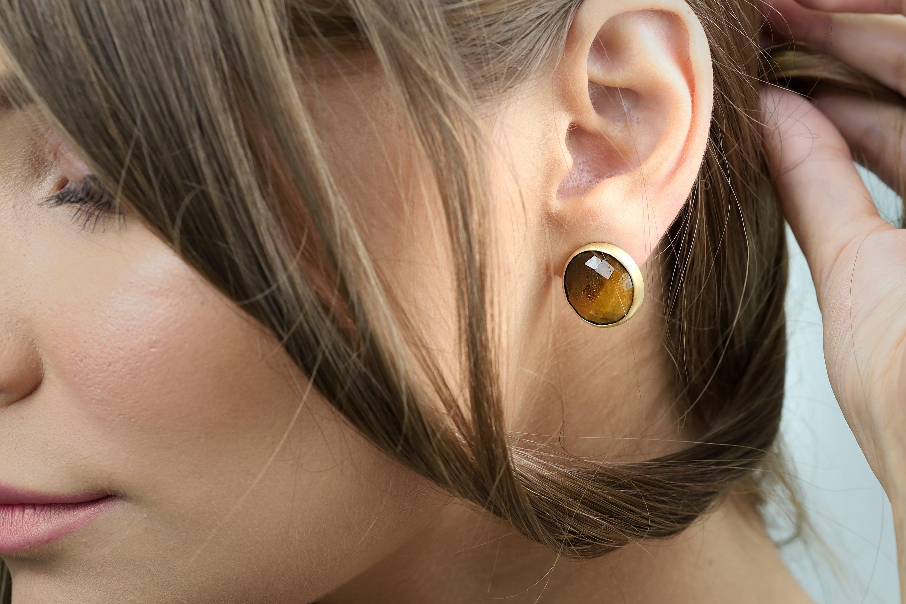 Tiger Eye Gemstone Earrings in Bezel Gold Setting Earrings Anemone Limited