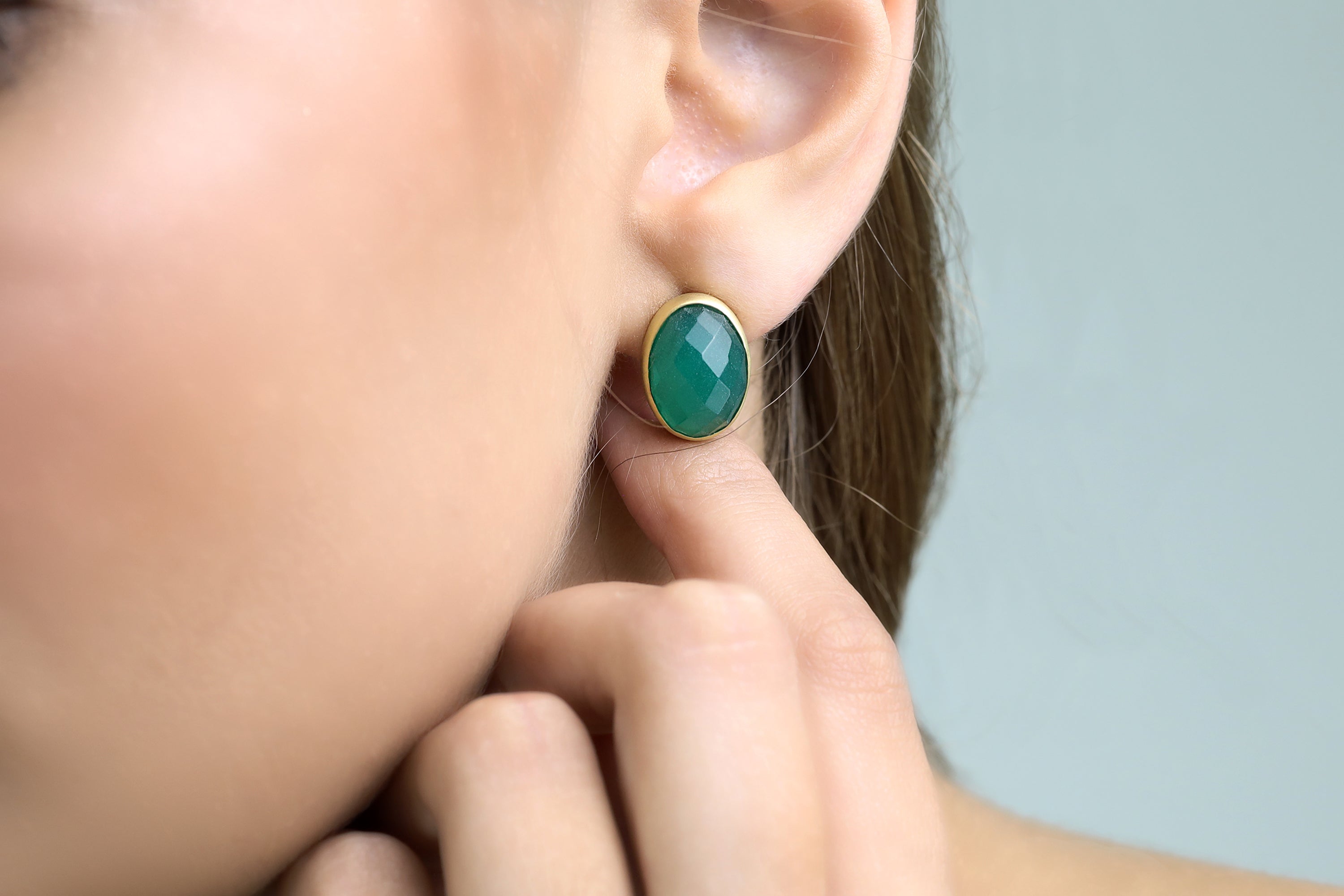 Green Onyx Oval Bezel Set Gold Earrings Earrings Anemone Limited