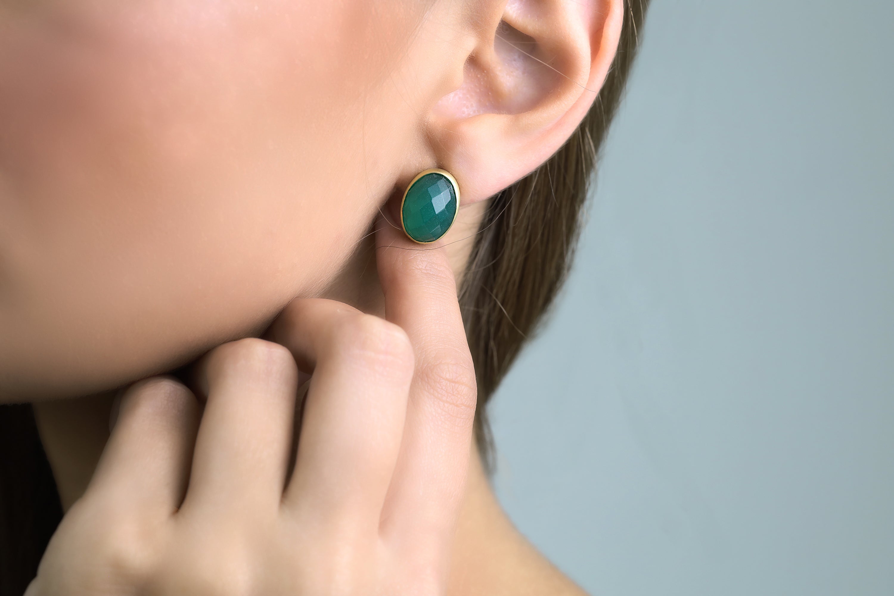 Green Onyx Oval Bezel Set Gold Earrings Earrings Anemone Limited