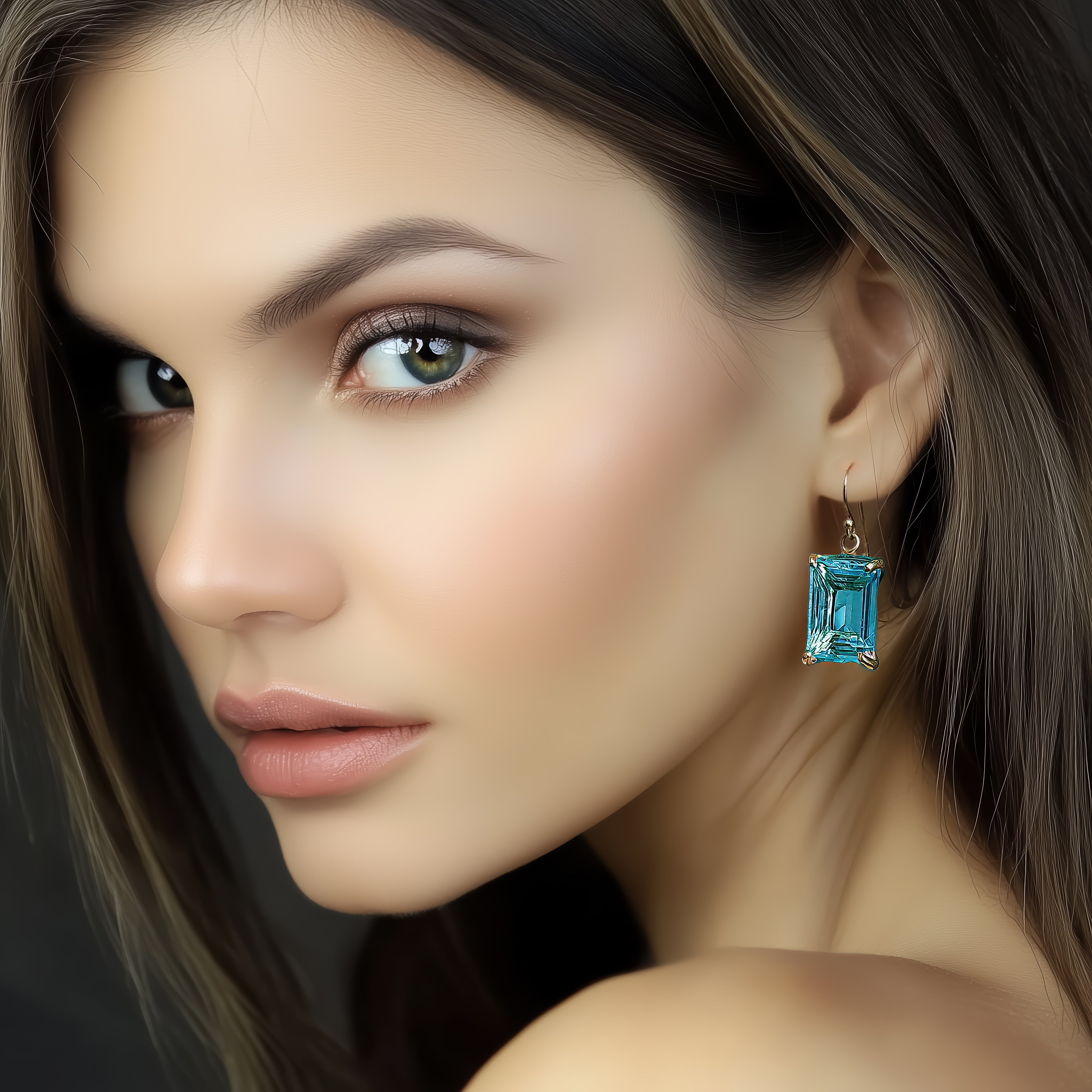 Blue Tourmaline Rectangular Gemstone Gold Dangle Earrings Earrings Anemone Jewelry