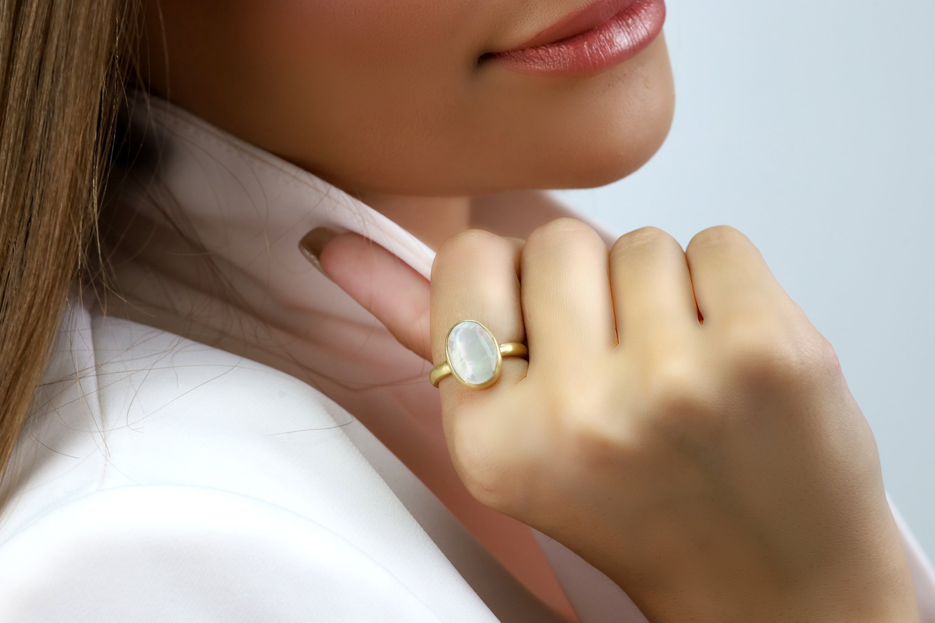 Mother of Pearl Oval Bezel Set Gold Ring Rings Anemone Limited