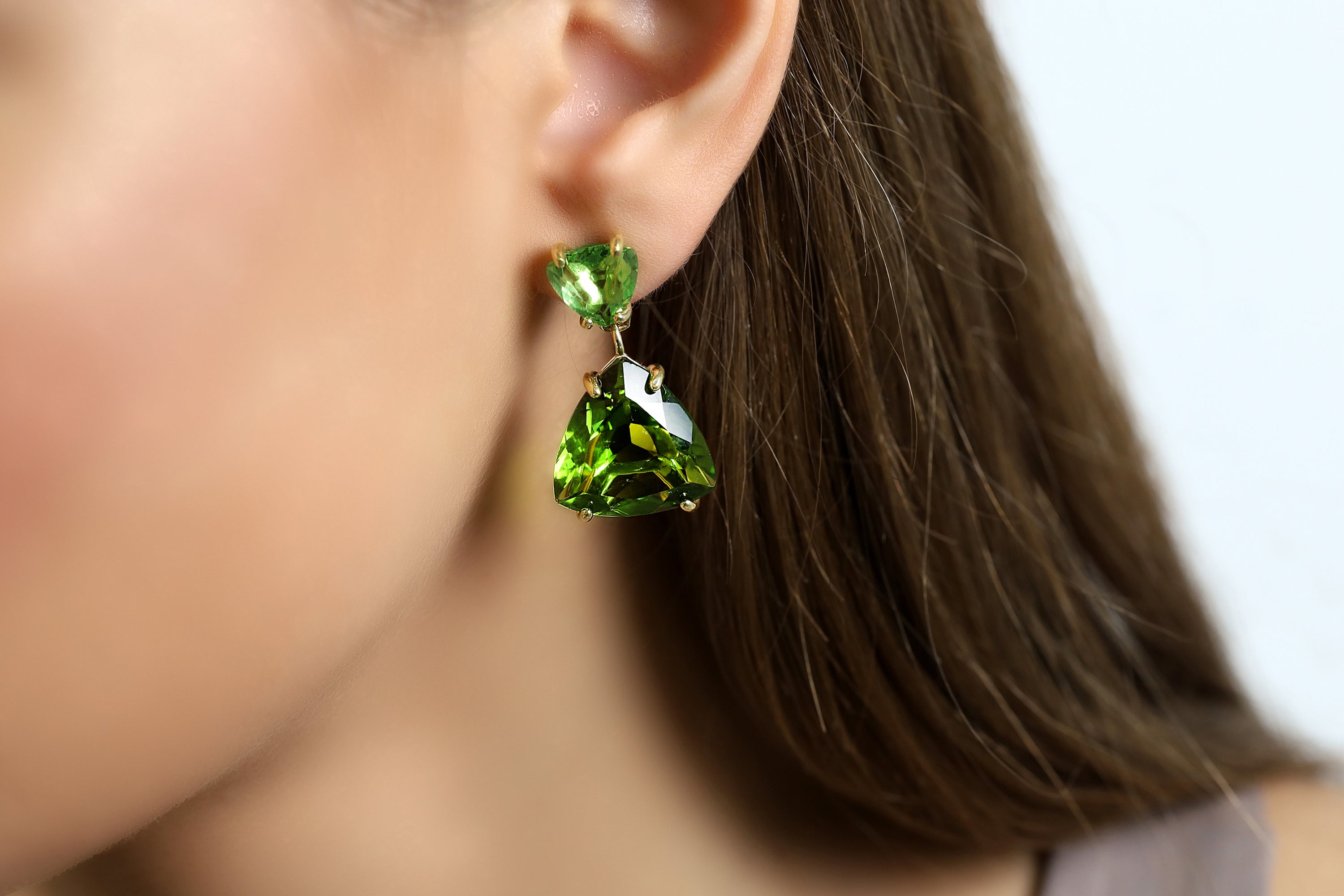 Trillion Cut Long Green Tourmaline Gold Earrings Earrings Anemone Jewelry