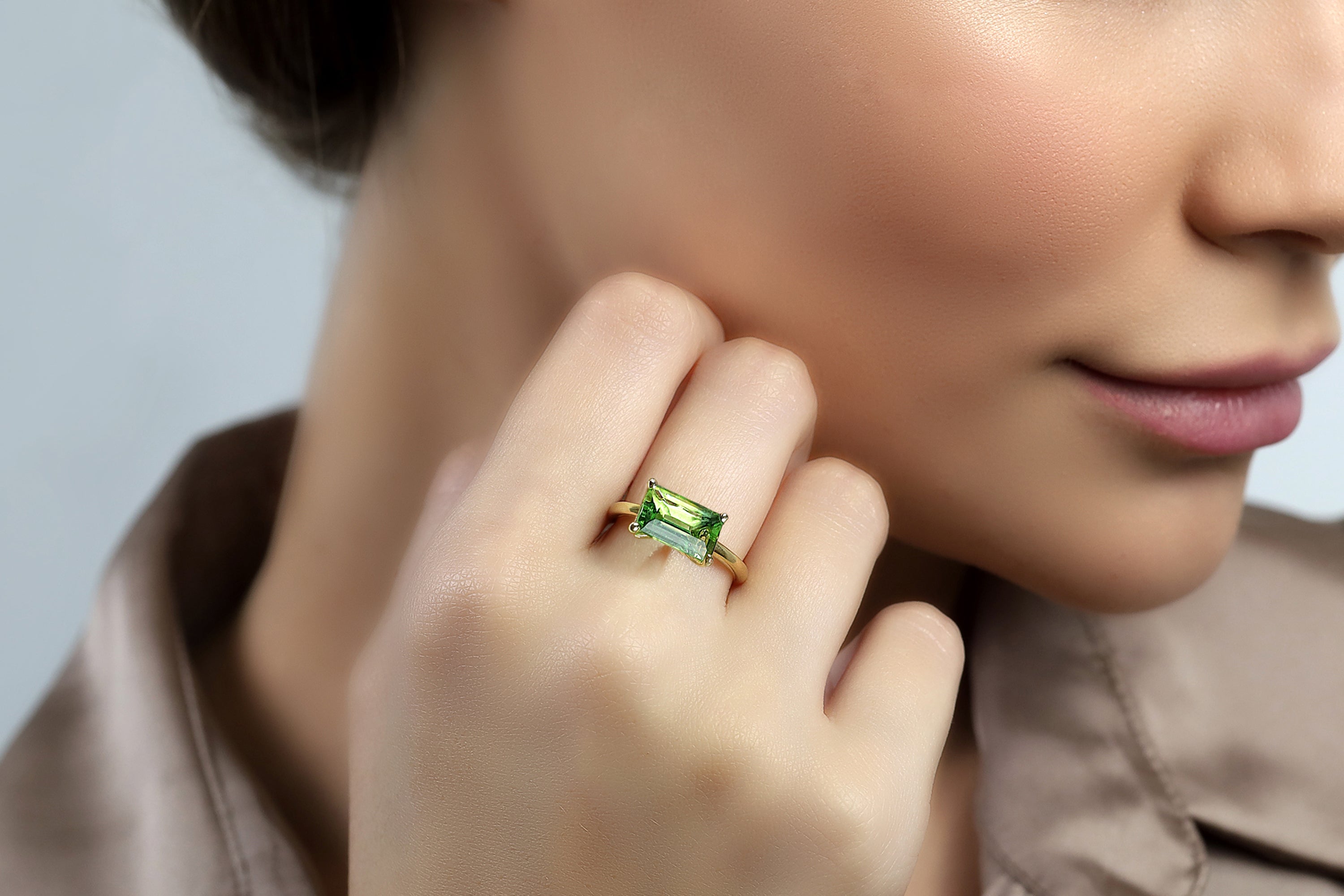 Green Tourmaline Emerald Cut Solitaire Gold Ring Rings Anemone Unique