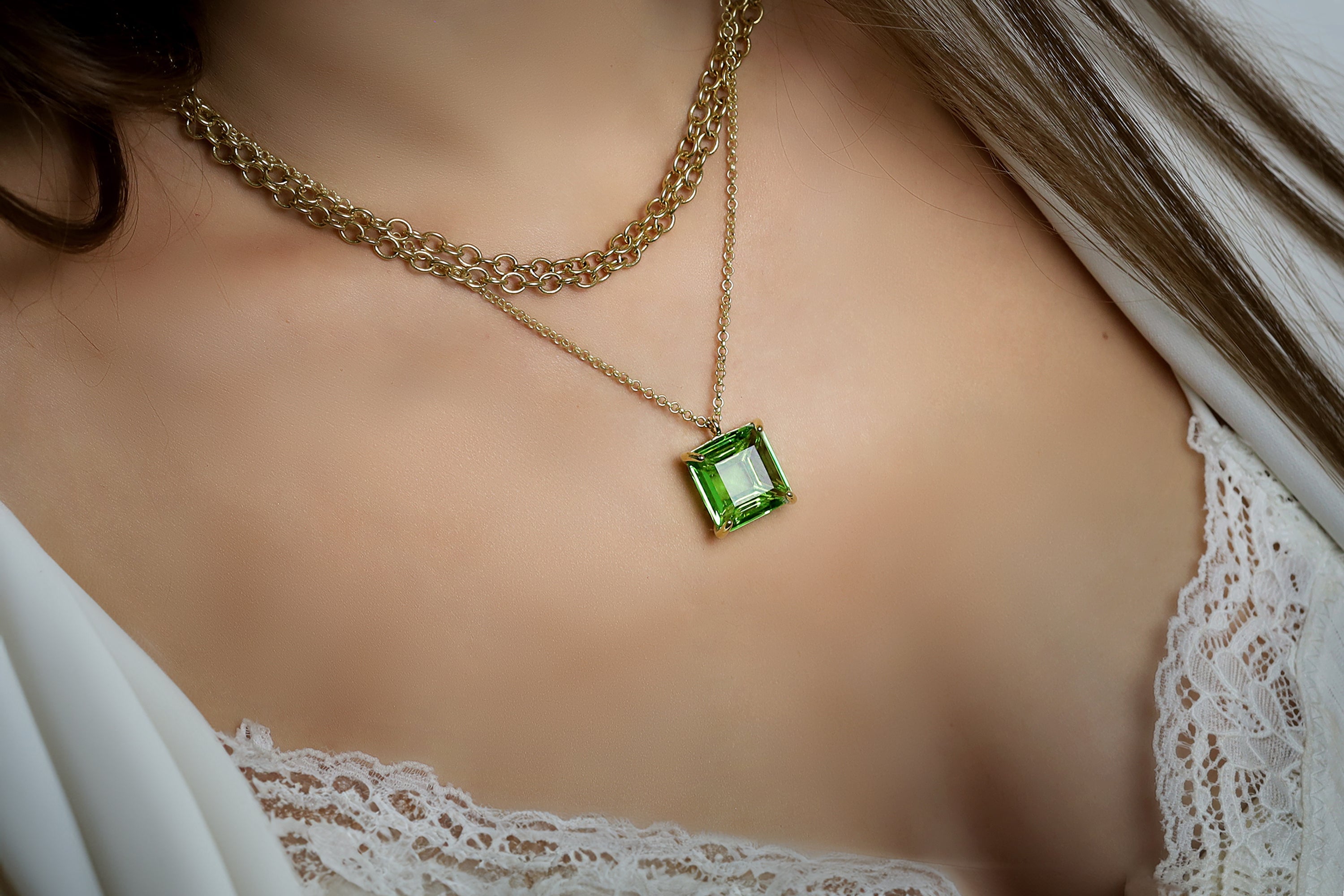 Green Tourmaline Square Pendant Gold Necklace necklaces Anemone Jewelry