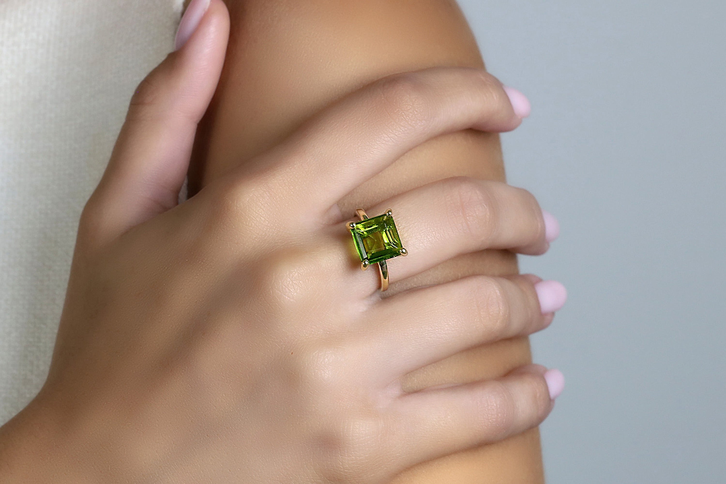 Rose Gold Princess Cut Square Peridot Ring Rings Anemone Unique