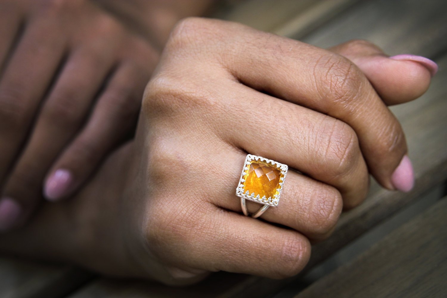 Square Cut Yellow Citrine Silver Ring Rings Anemone Jewelry