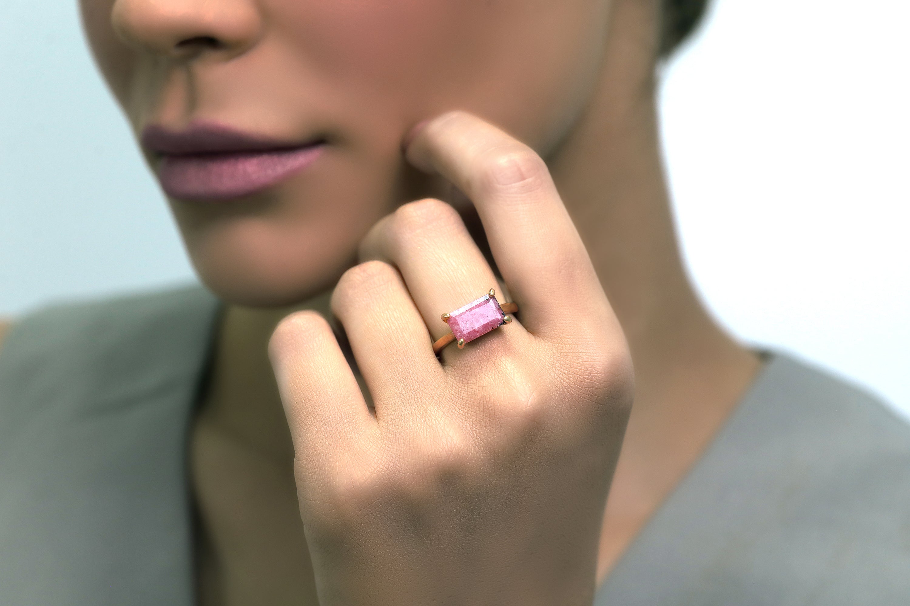 Rose Gold Rectangle Shape Rhodonite Ring Rings Anemone Unique