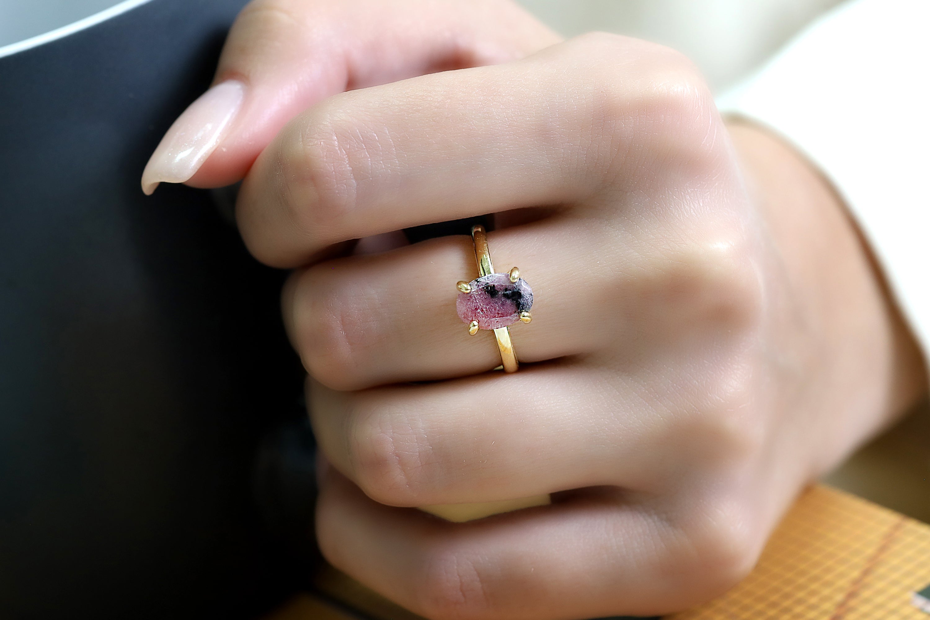 Pink Rhodonite Oval Ring in 18k Gold Rings Anemone Unique