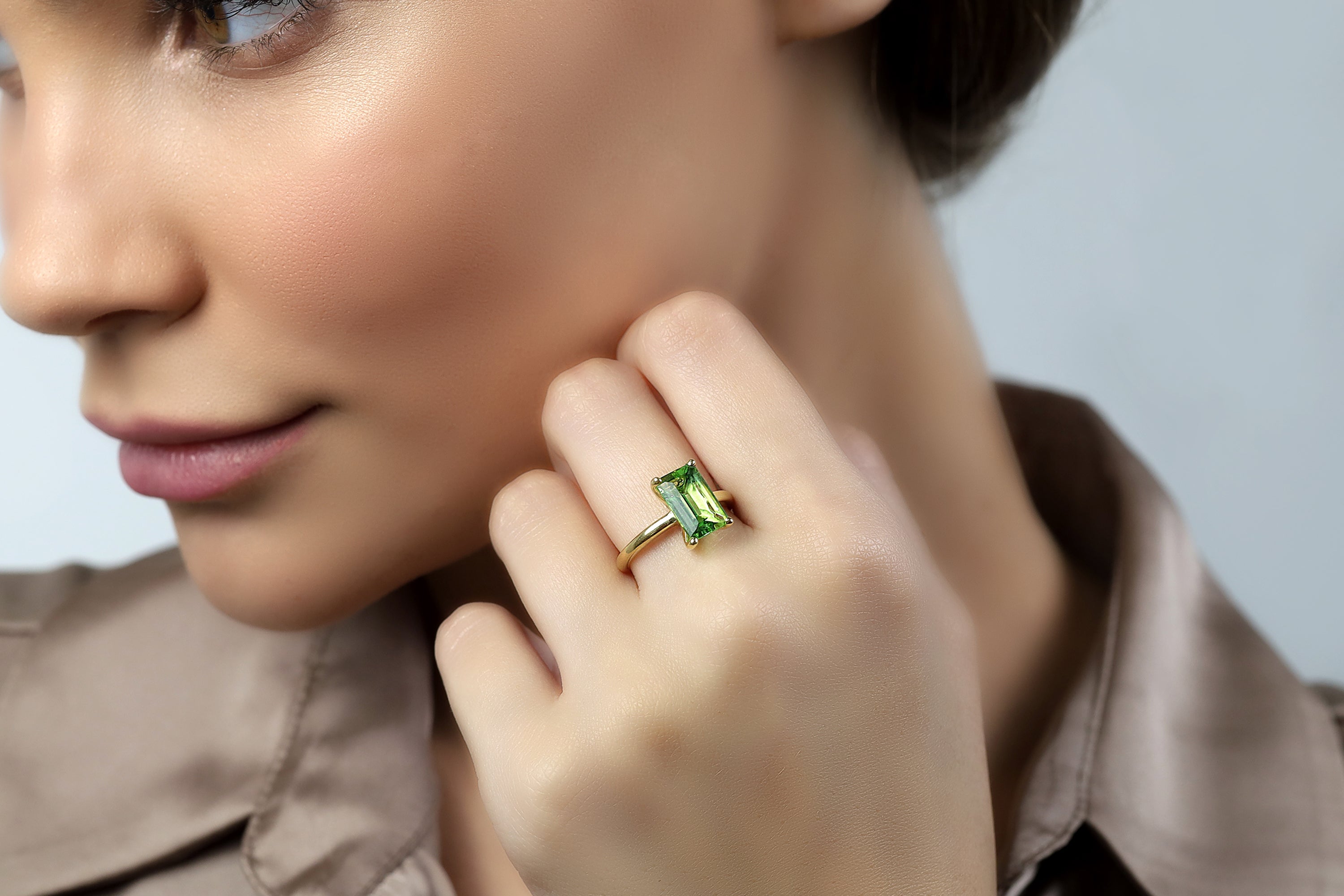 Rectangle Solitaire Green Tourmaline Gold Ring Rings Anemone Unique