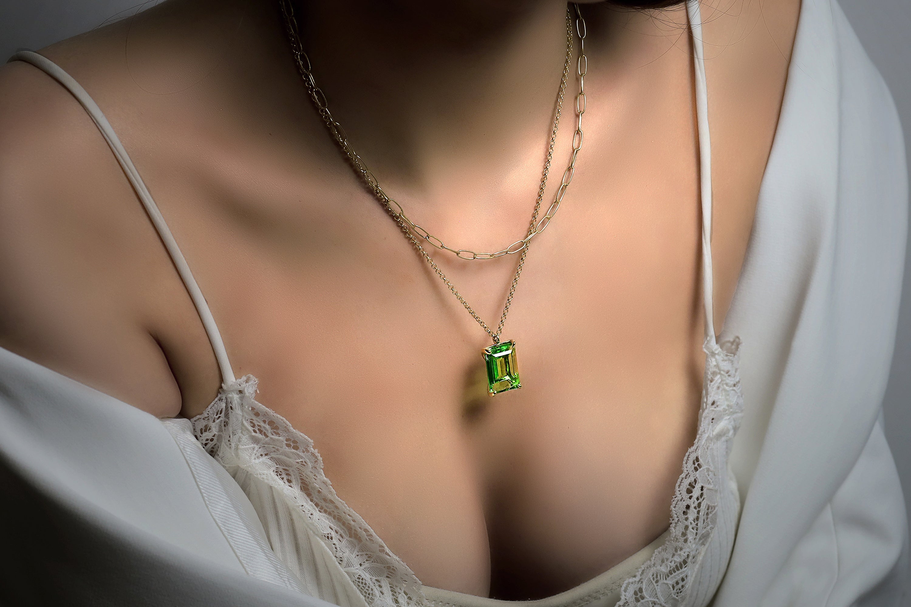 Green Tourmaline Rectangle Pendant Necklace in Yellow Gold necklaces Anemone Jewelry