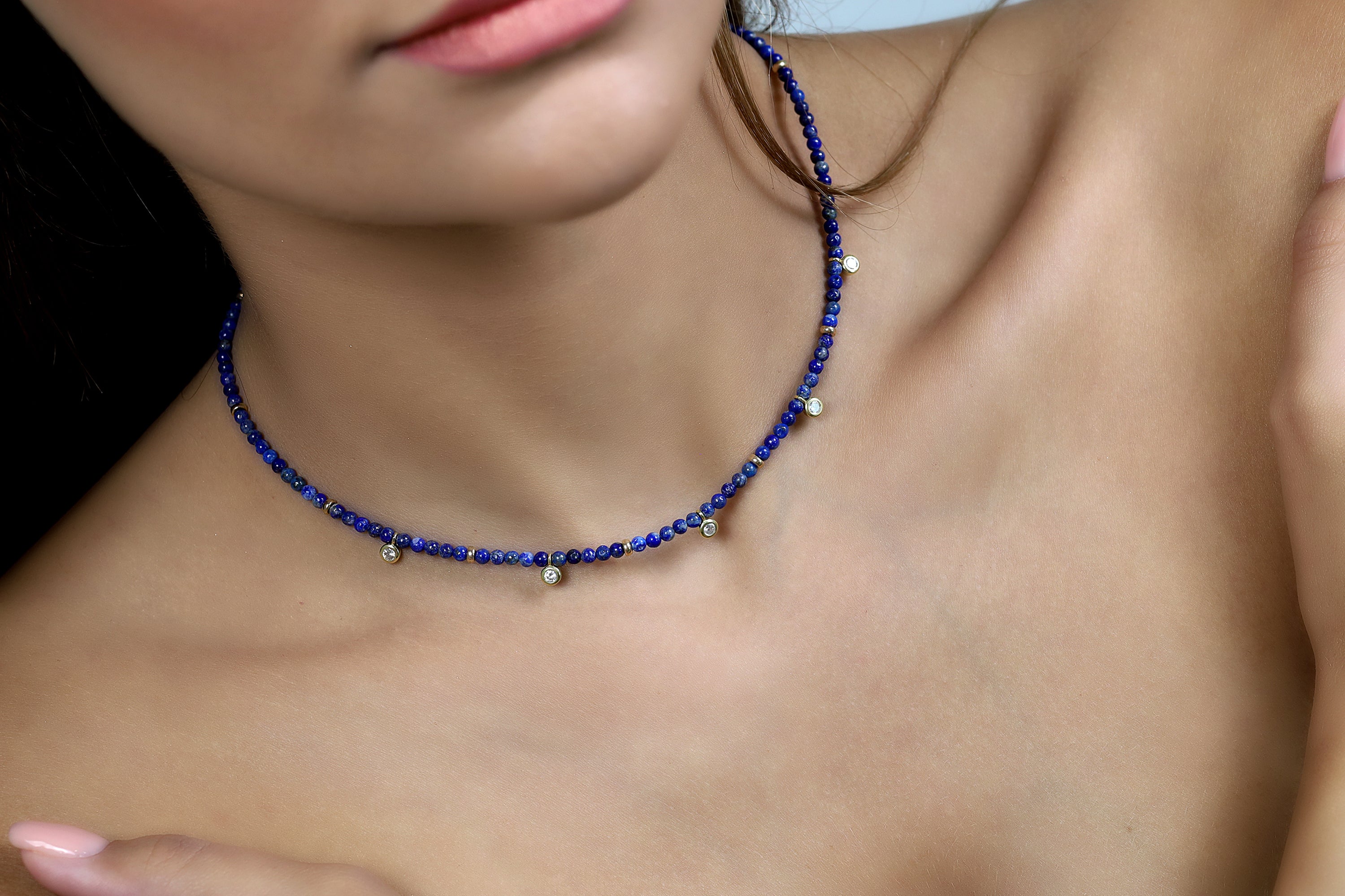 Lapis Lazuli Beaded Gold Necklace with Gold Cubic Zircon Charms necklaces Anemone Unique