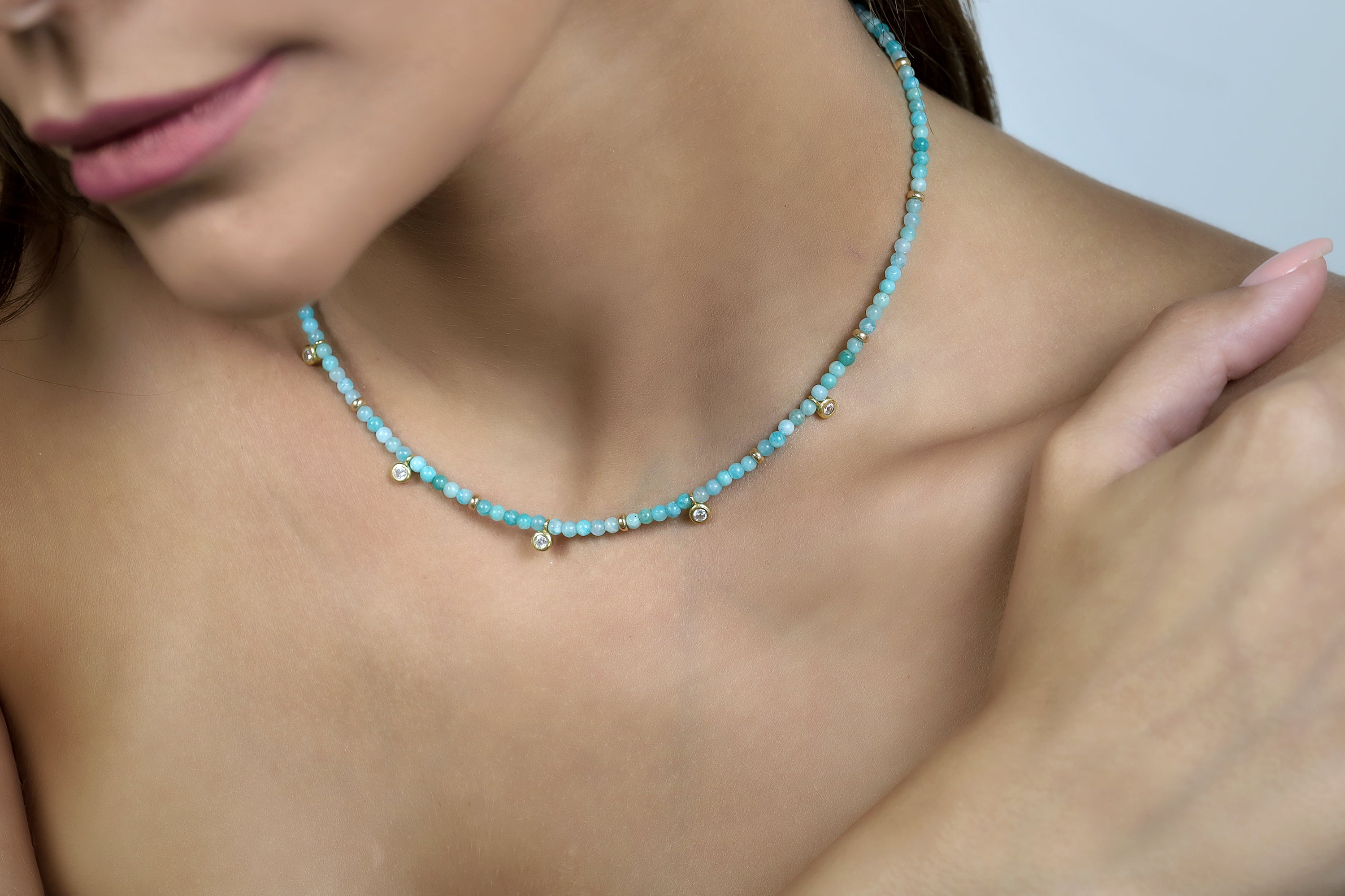 Amazonite Beaded Gold Necklace with Small CZ Charms necklaces Anemone Unique