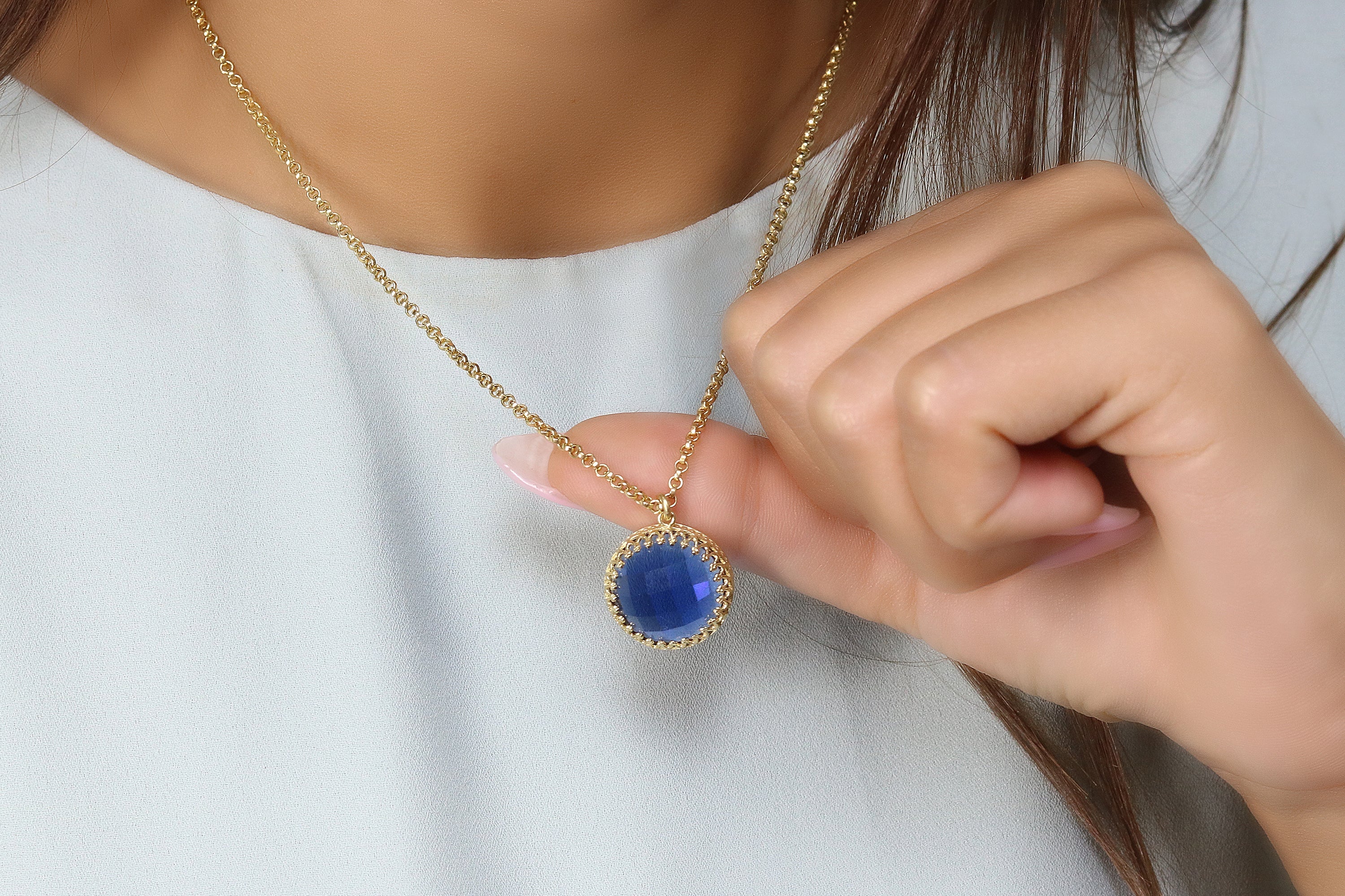 Round Blue Sapphire Necklace in Gold necklaces Anemone Jewelry