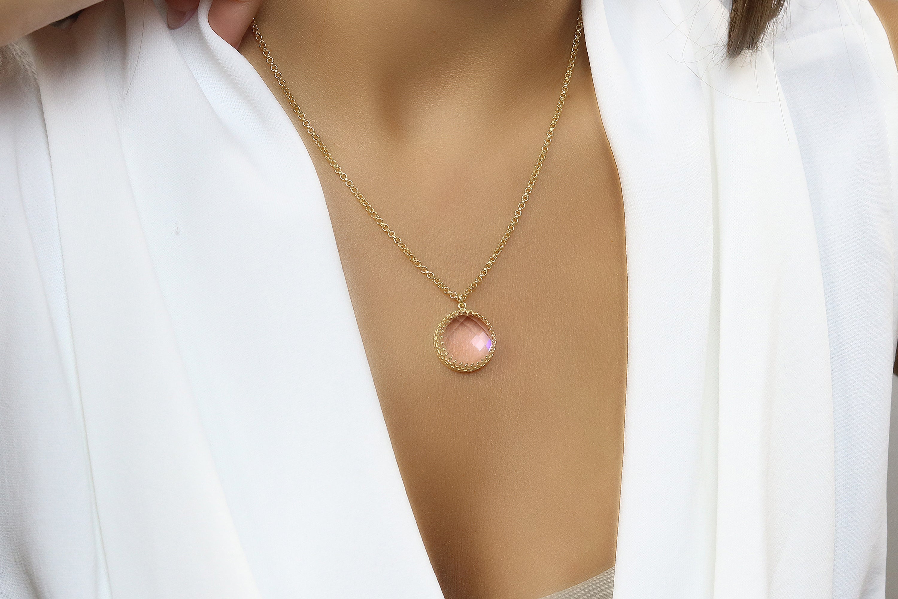 Rose Quartz Necklace in Gold necklaces Anemone Jewelry