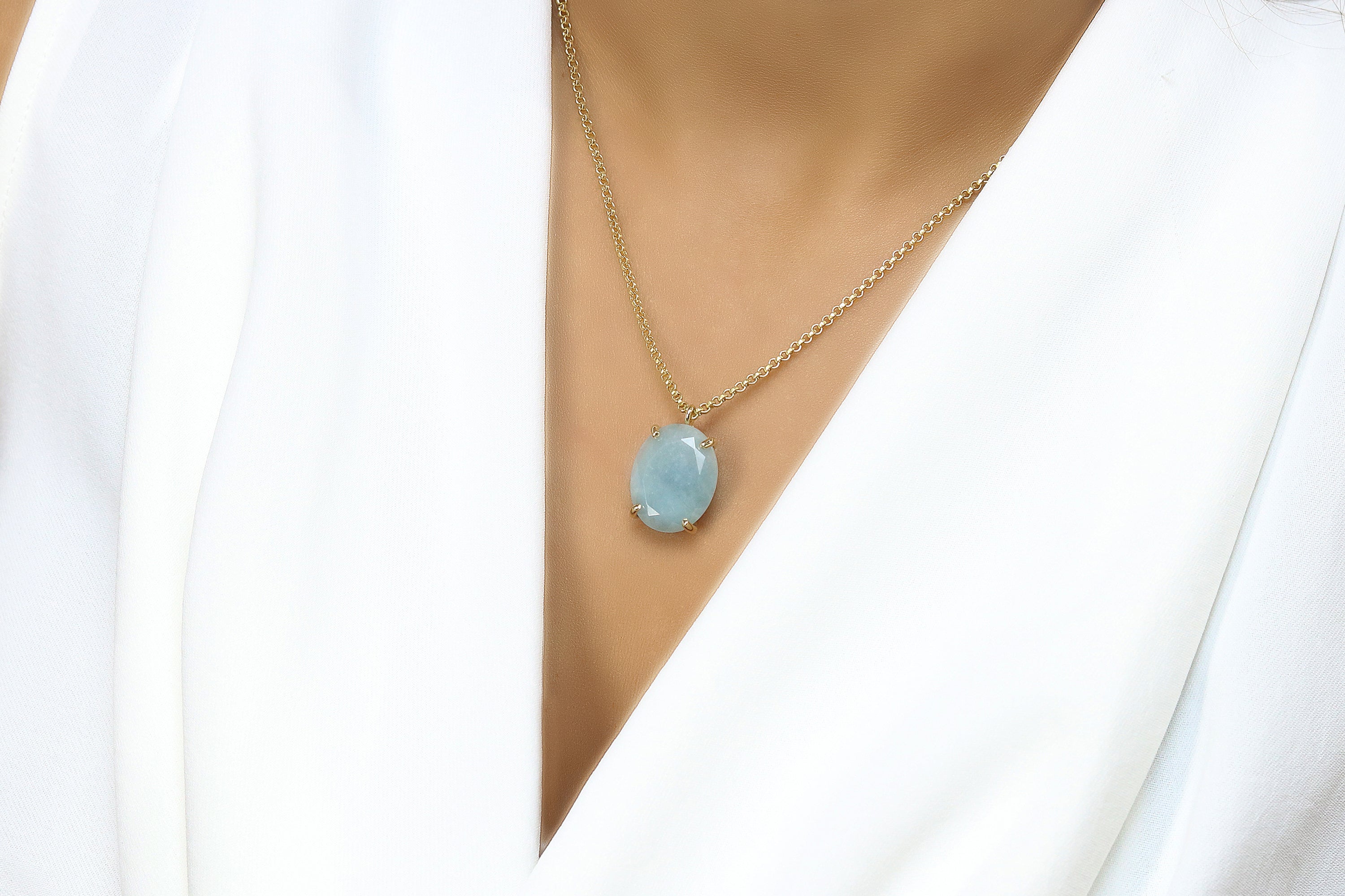 Lustrous Oval Aquamarine Necklace in 14k Gold necklaces Anemone Jewelry