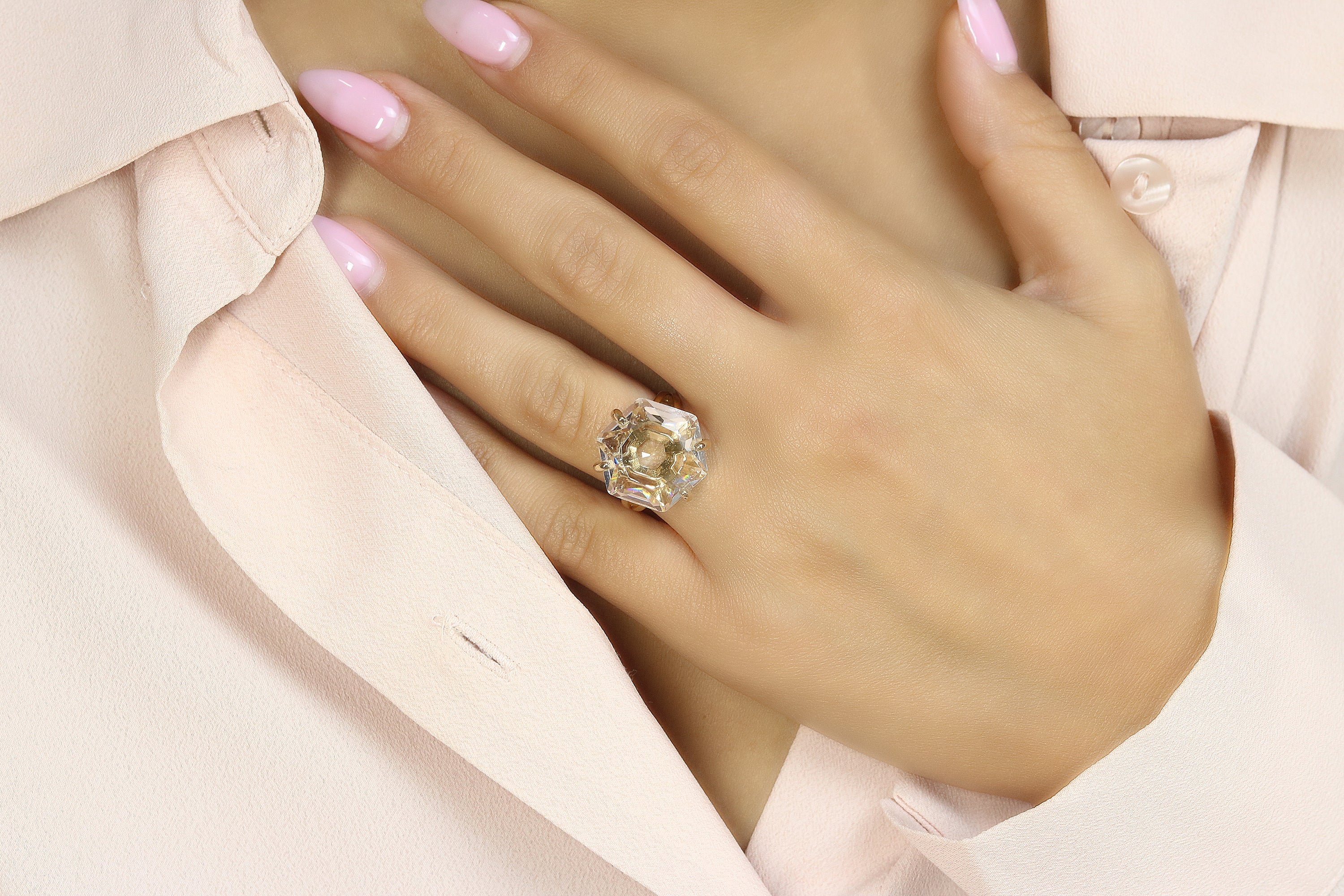 Lustrous Hexagon Cut Crystal Quartz Ring Rings Anemone Jewelry