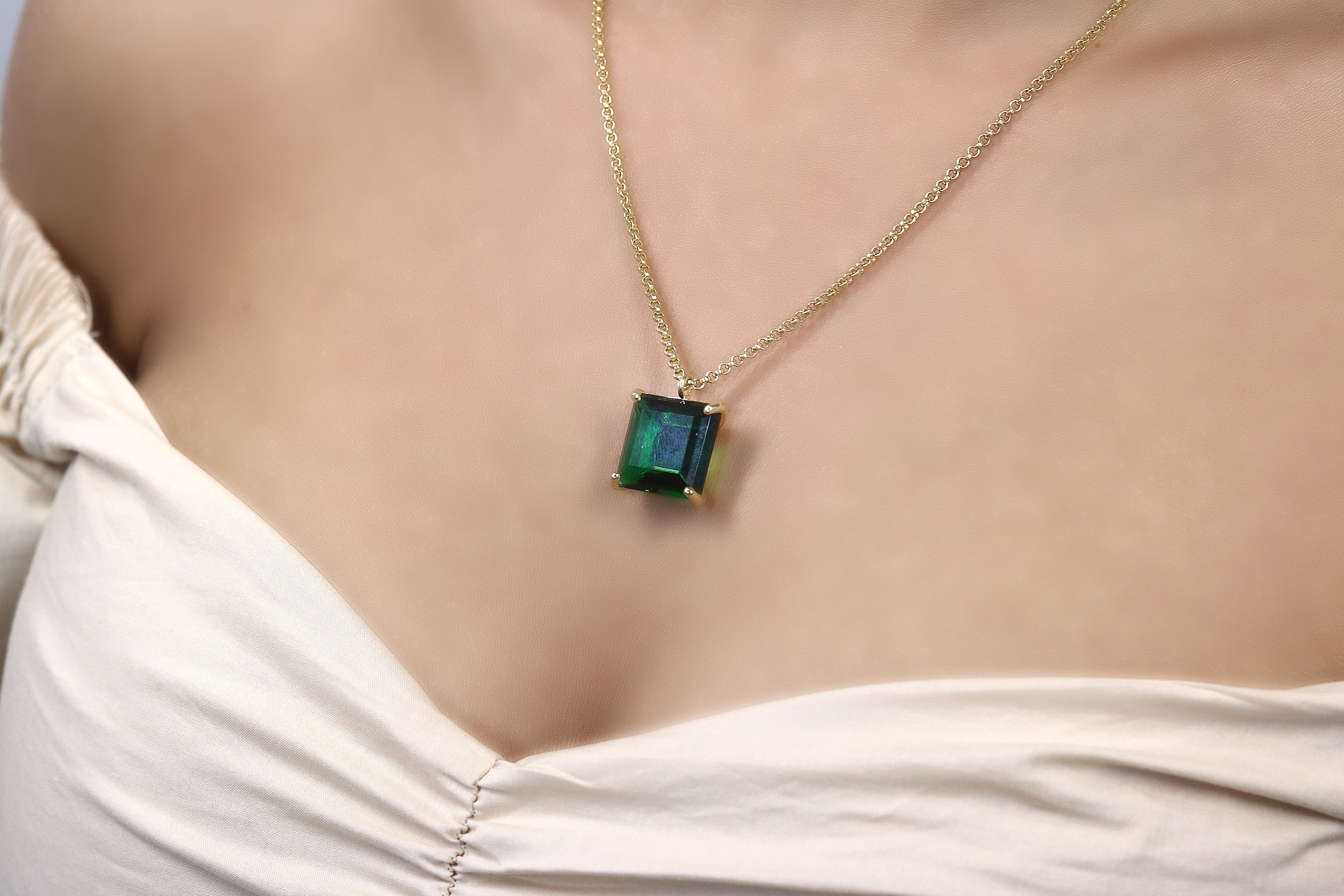Lustrous 14k Yellow Gold Square Emerald Necklace necklaces Anemone Jewelry