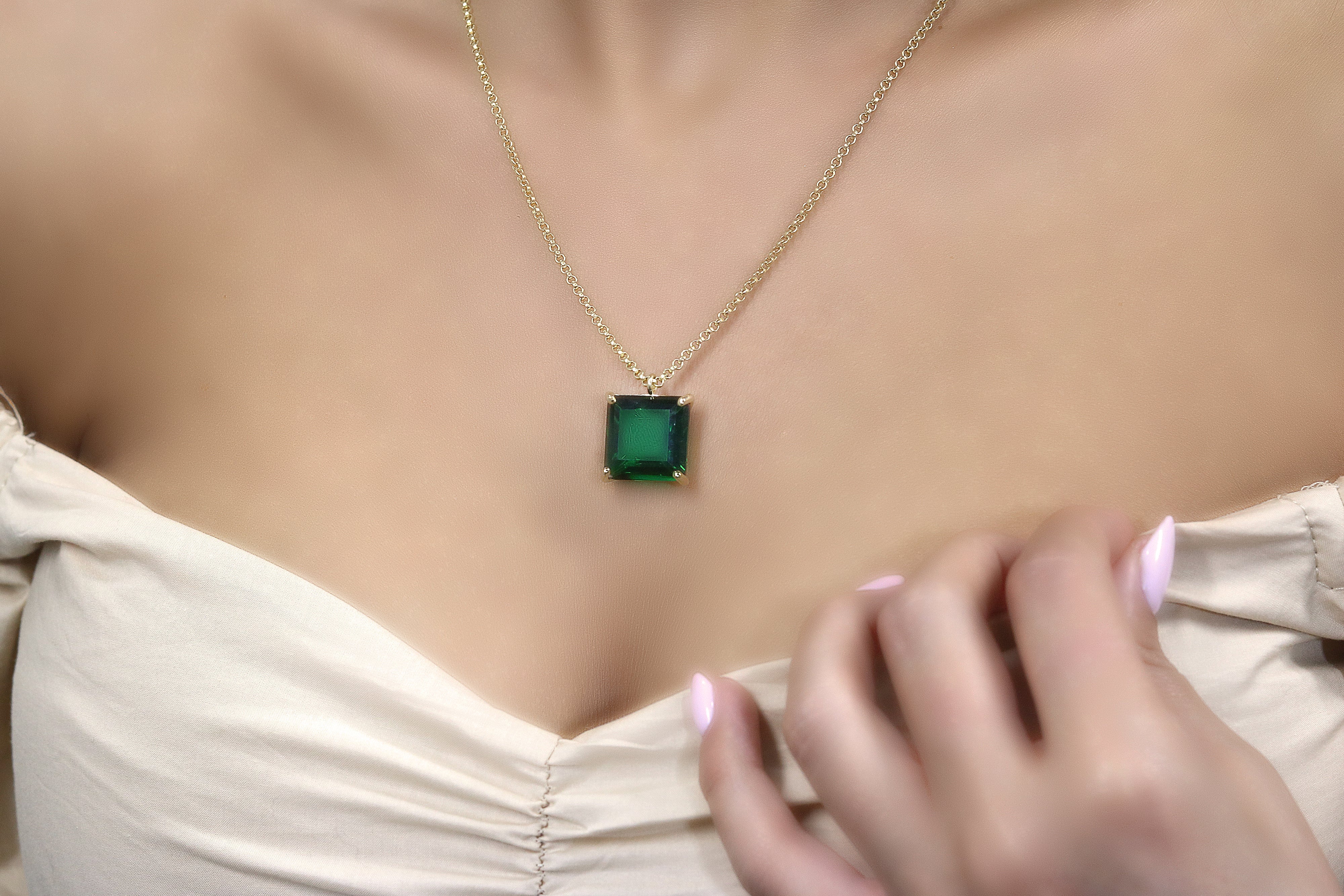 Lustrous 14k Yellow Gold Square Emerald Necklace necklaces Anemone Jewelry