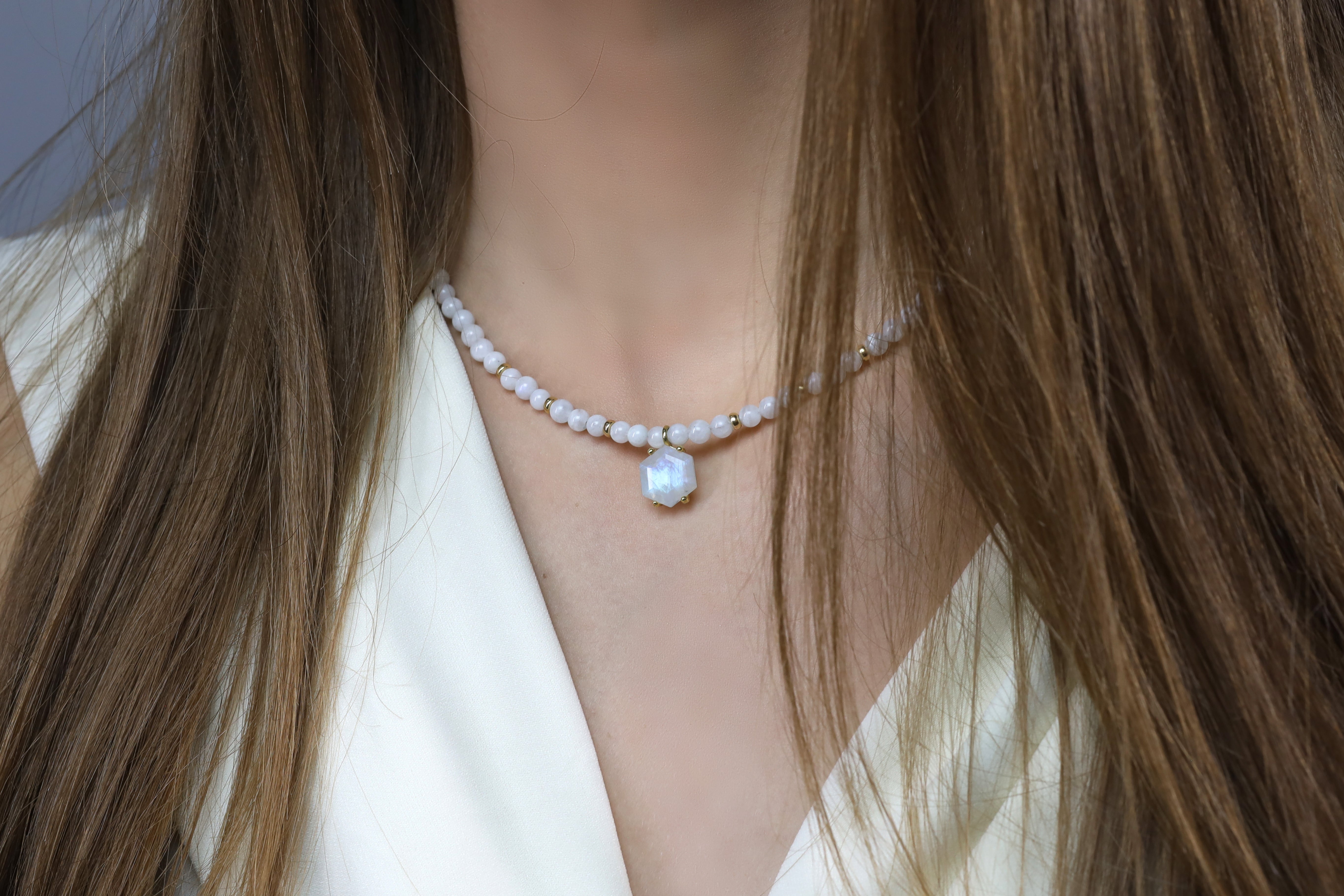 Rainbow Moonstone Hexagon Gold Pendant Necklace necklaces Anemone Jewelry