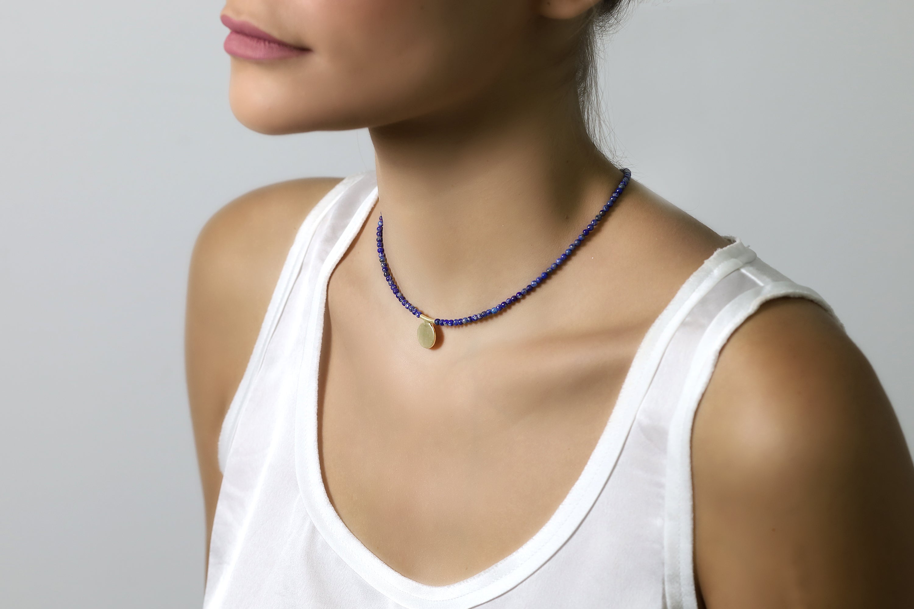 Beaded Lapis Lazuli Gemstone Necklace with Gold Center Flat Coin necklaces Anemone Unique
