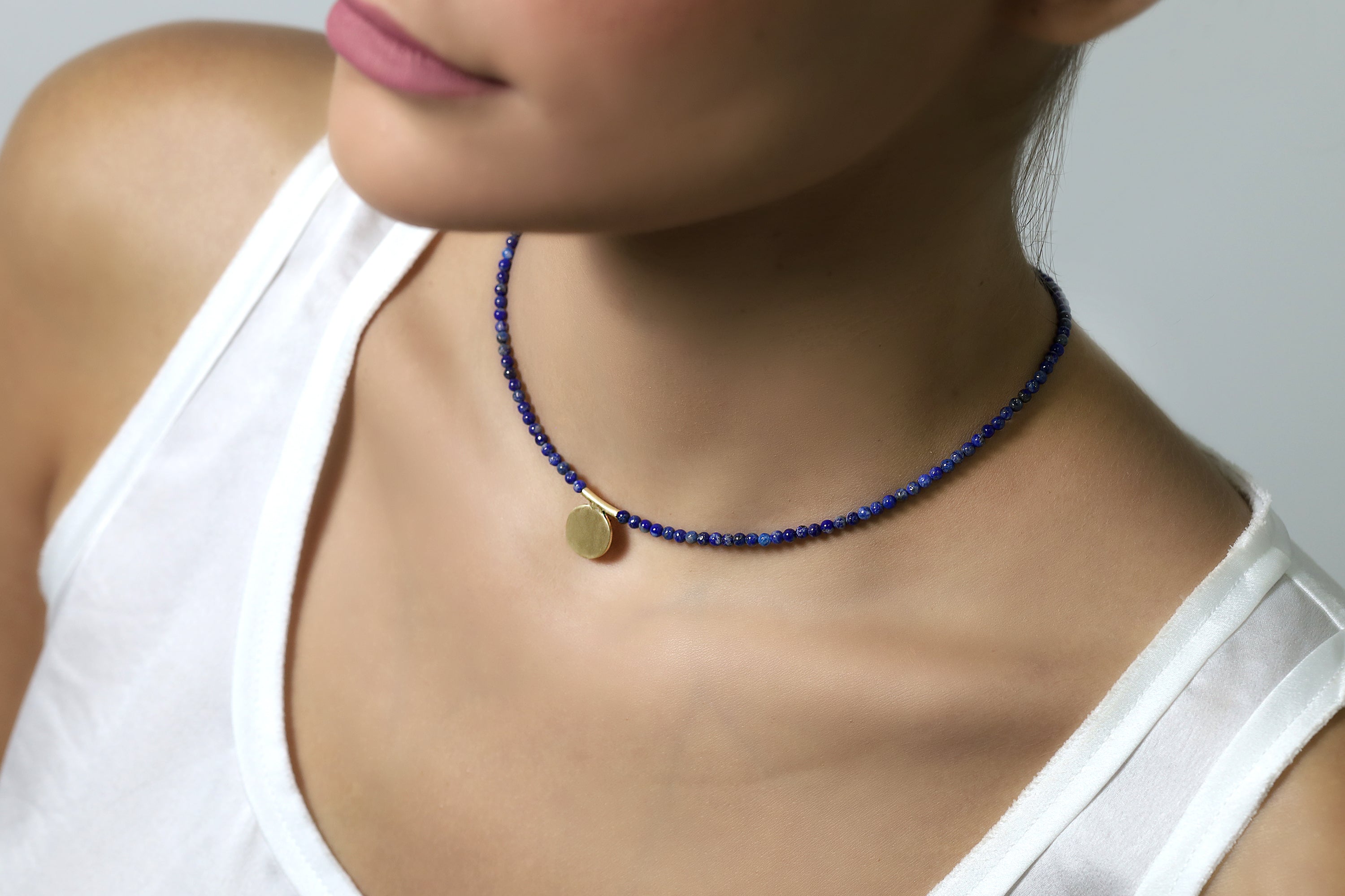 Beaded Lapis Lazuli Gemstone Necklace with Gold Center Flat Coin necklaces Anemone Unique