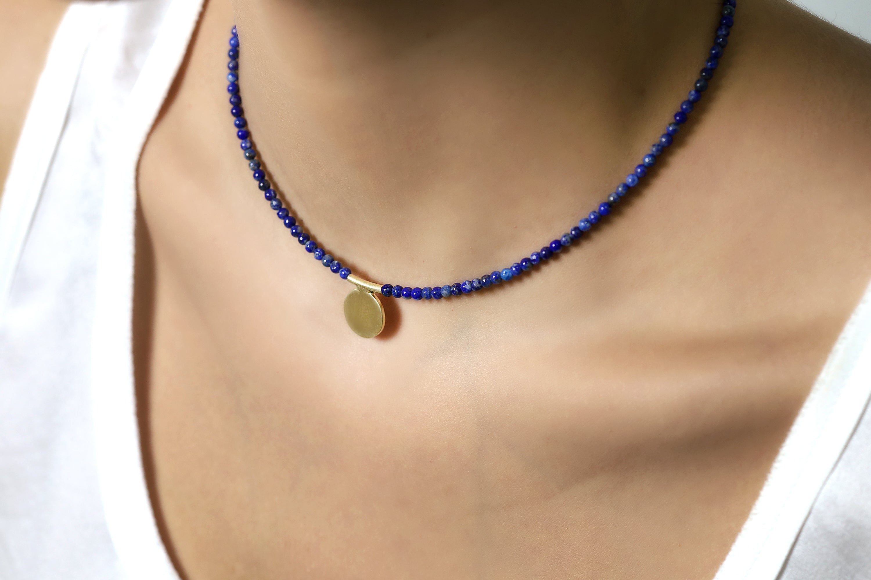 Beaded Lapis Lazuli Gemstone Necklace with Gold Center Flat Coin necklaces Anemone Unique