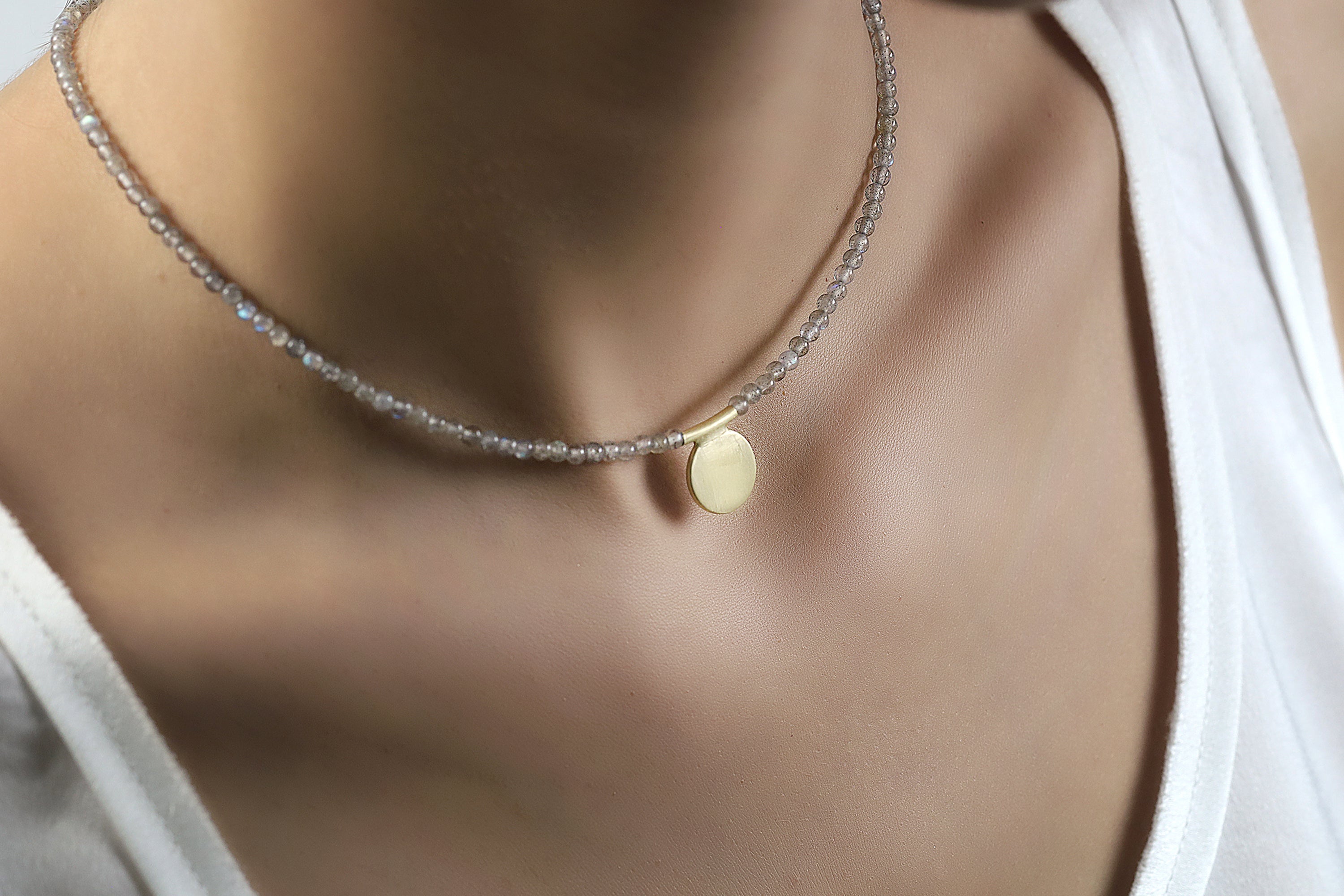 Labradorite Beaded Gold Necklace with Coin In The Center necklaces Anemone Unique