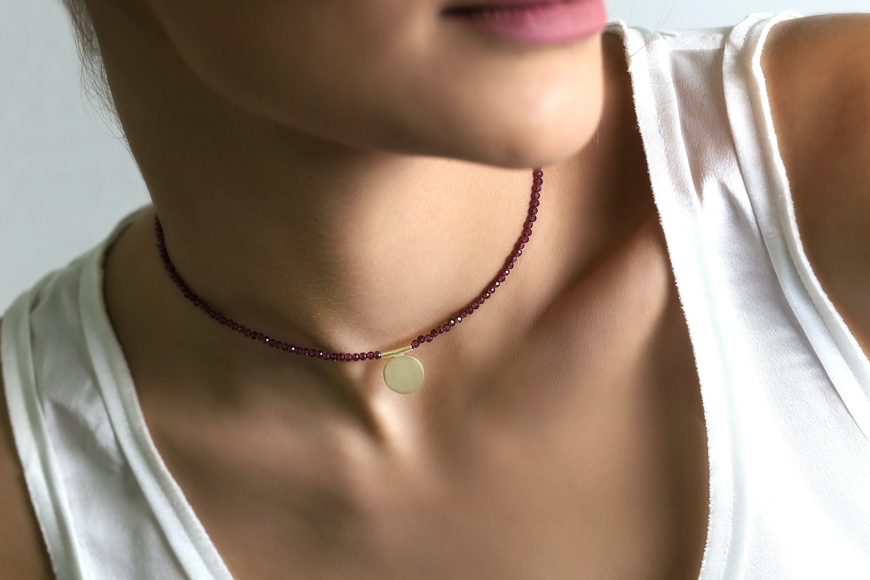 Garnet Beaded Gold Coin Necklace necklaces Anemone Unique
