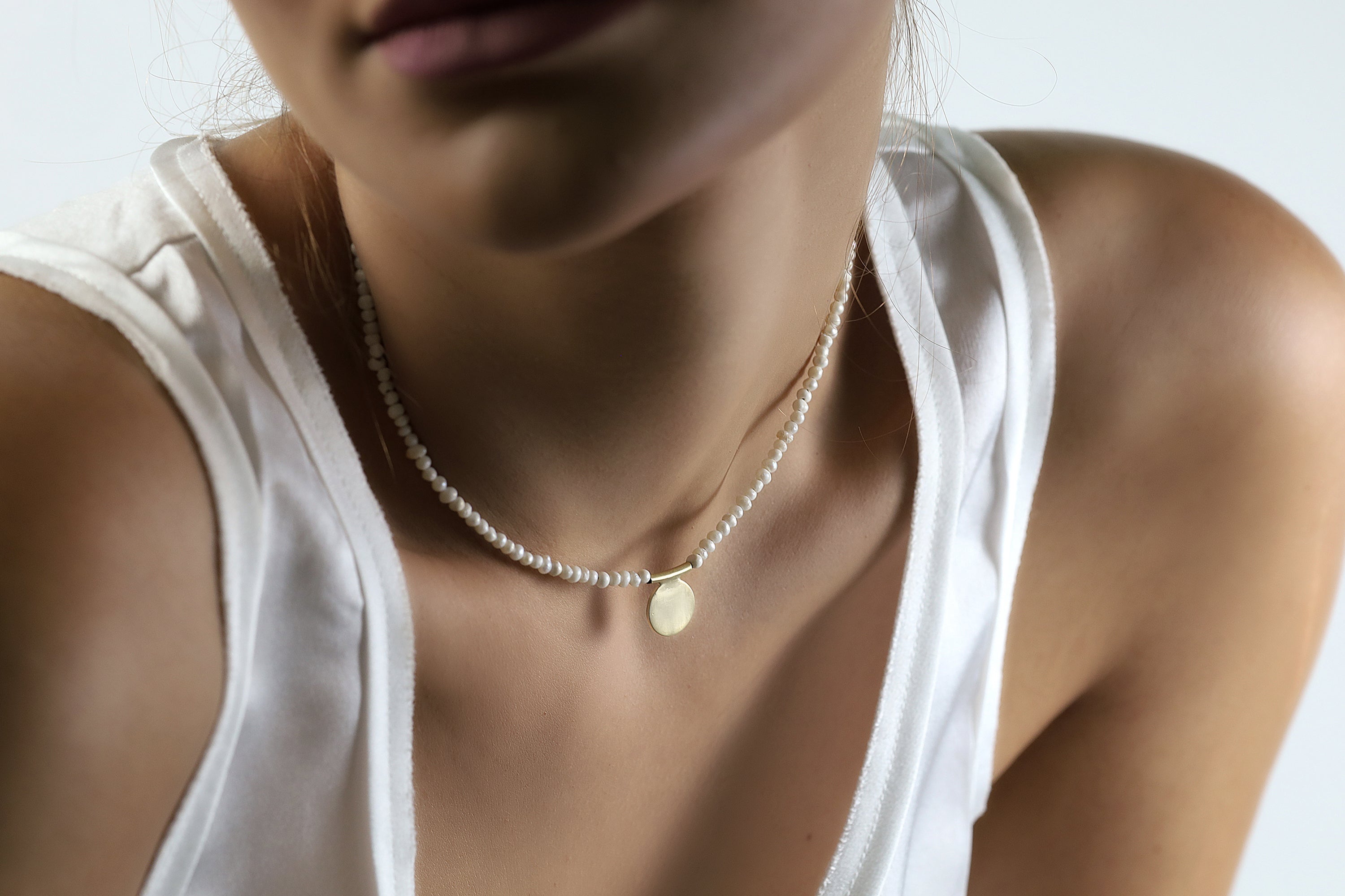 Freshwater Pearl Necklace with Brushed Gold Coin Centerpiece necklaces Anemone Unique