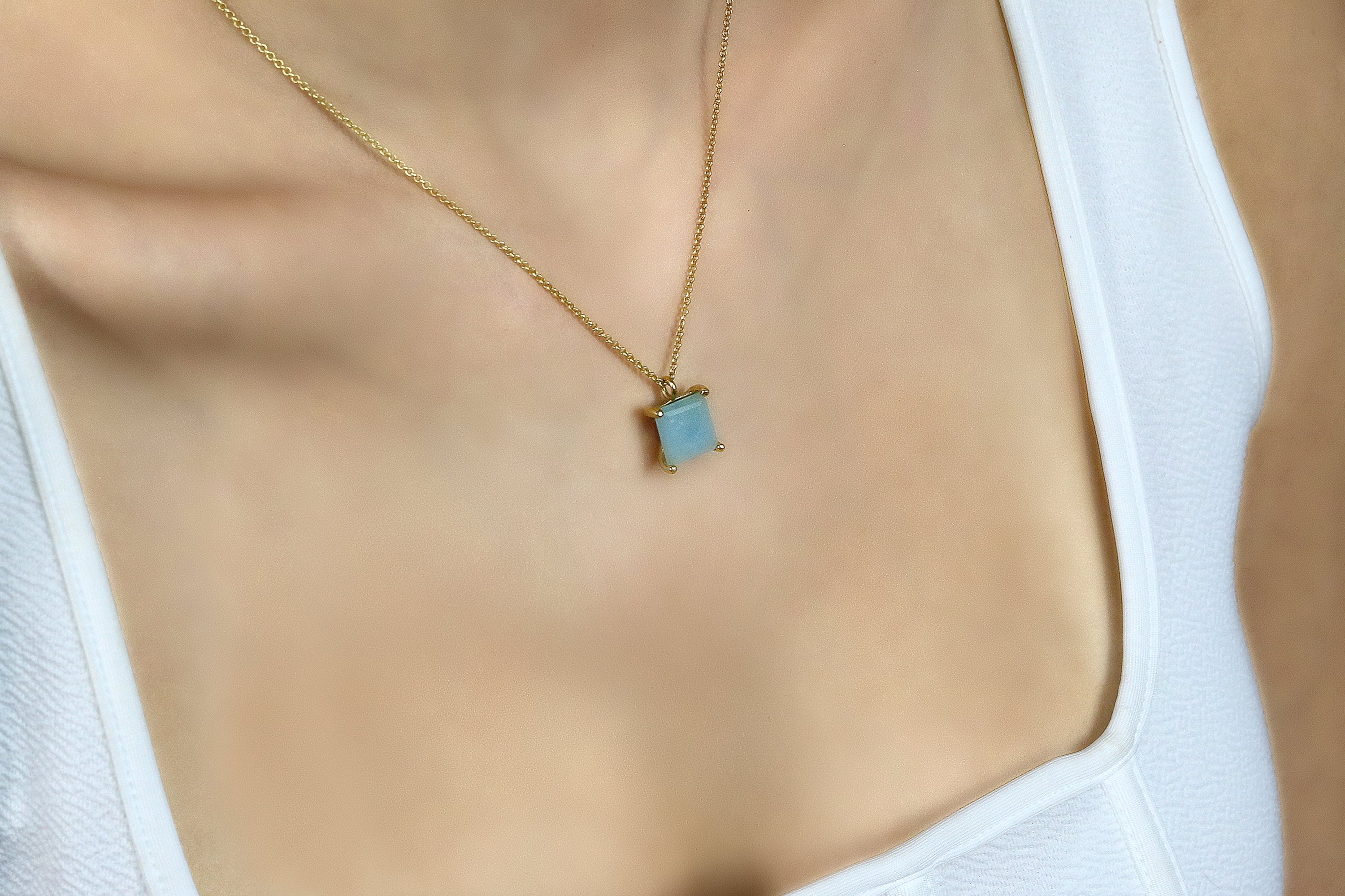 Artisanal Square Aquamarine Gold Necklace necklaces Anemone Unique