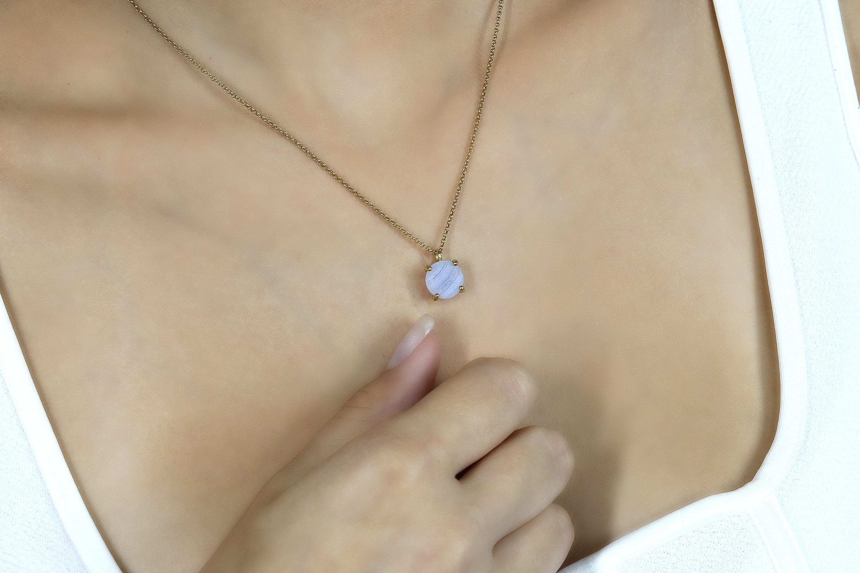 Lovely Round Blue Agate Necklace in Gold necklaces Anemone Unique