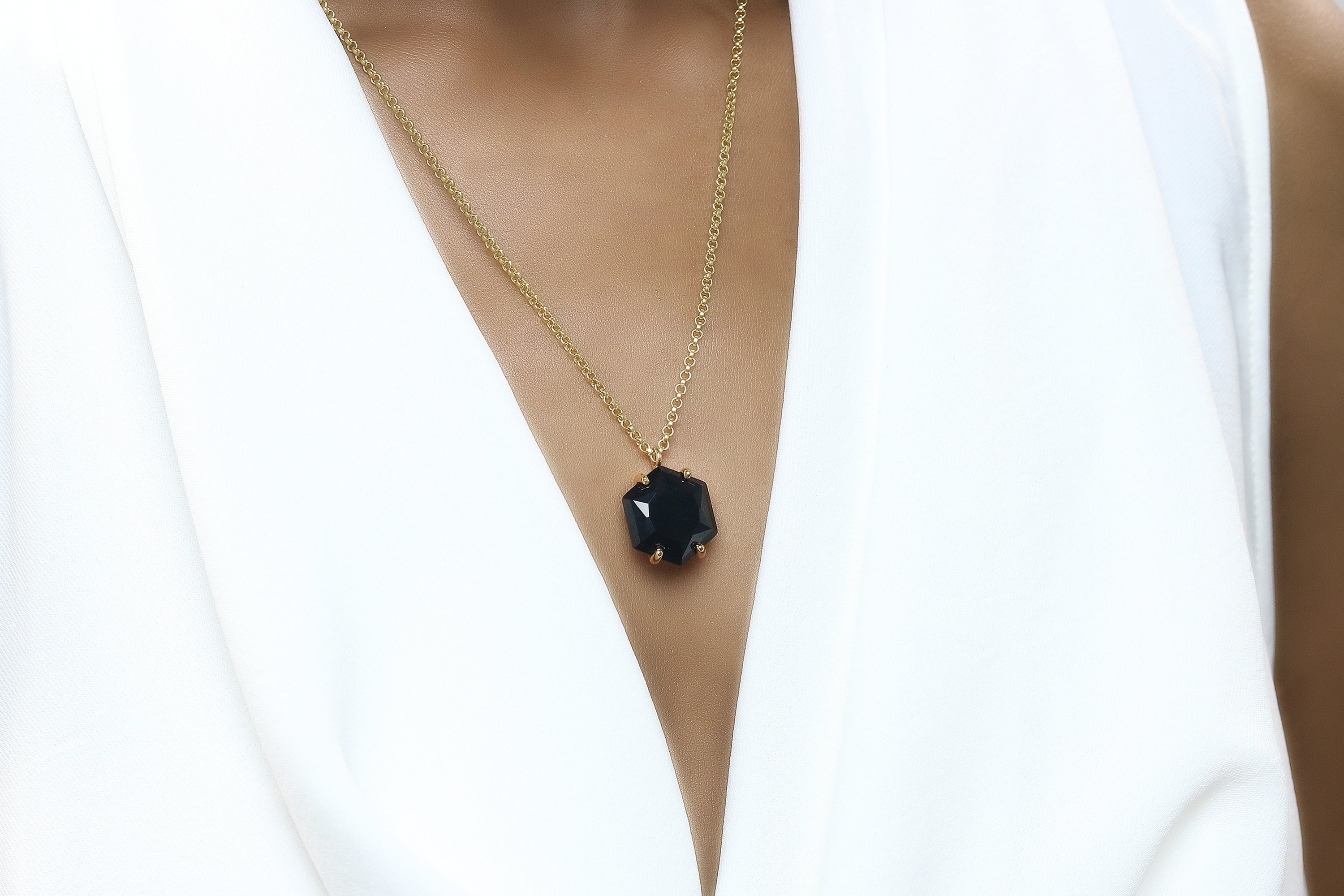 Hexagon Black Onyx Gold Necklace necklaces Anemone Jewelry