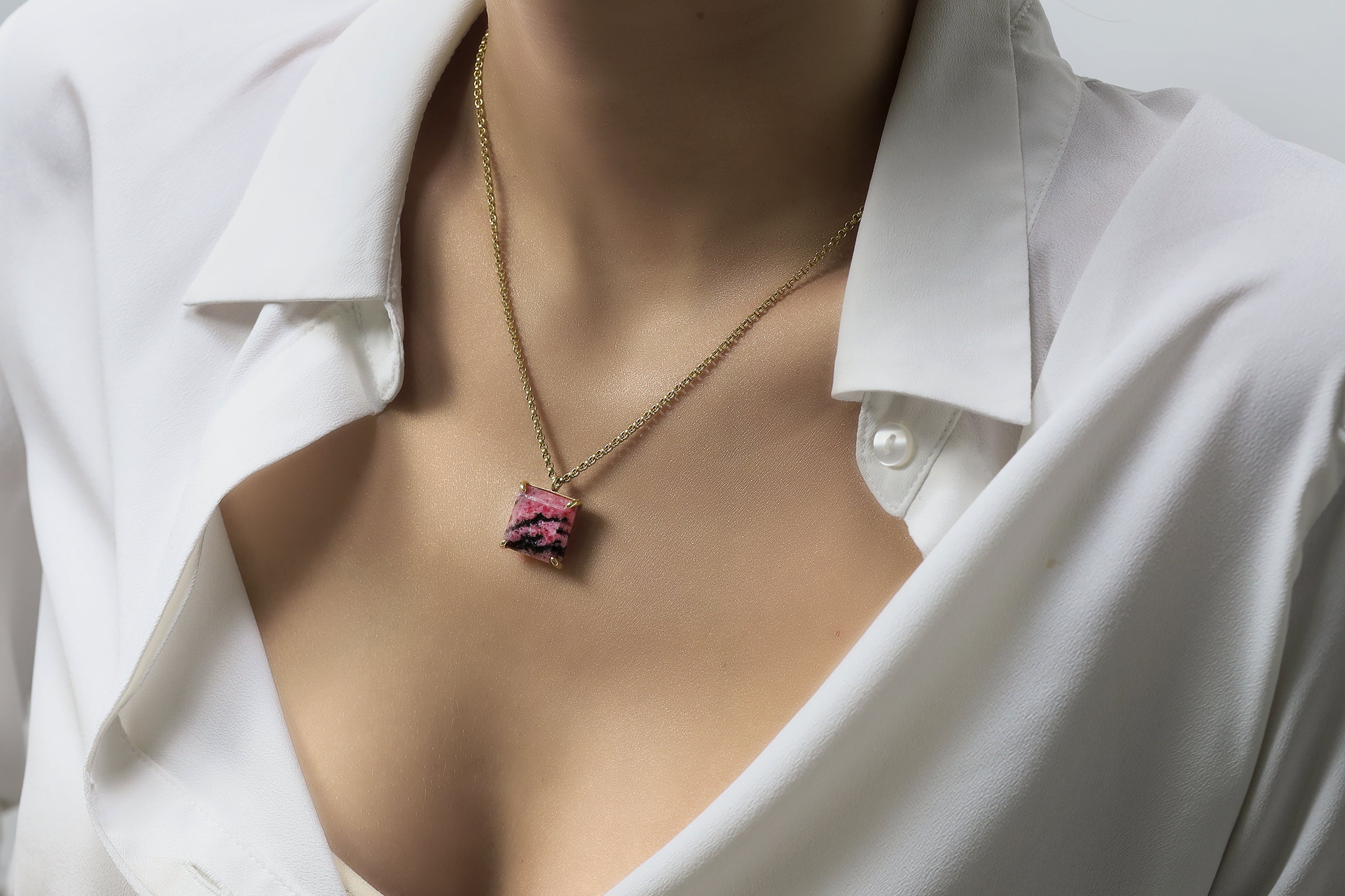 Fascinating Square Rhodonite Pendant Necklace in 14k Gold Filled necklaces Anemone Jewelry