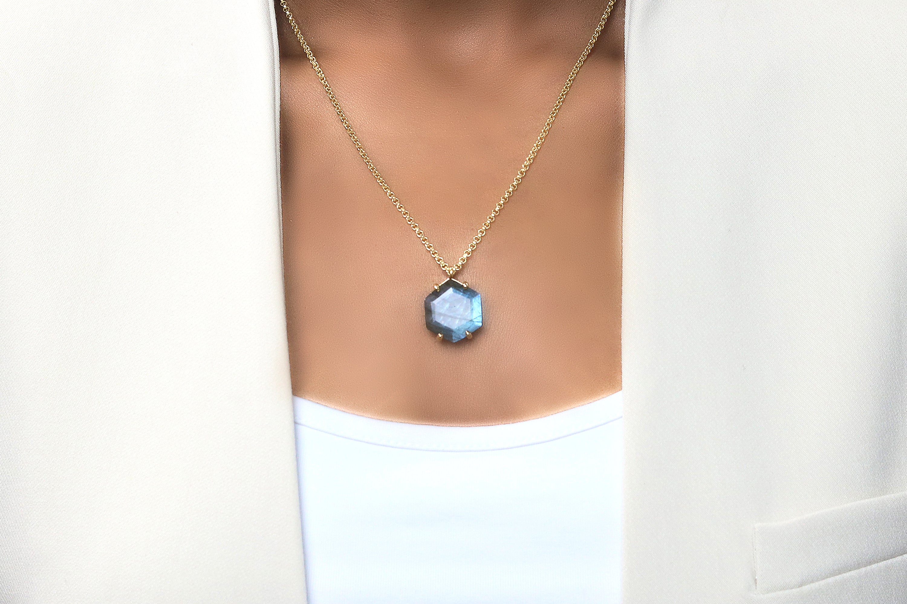 Hexagon Custom Labradorite Pendant Gold Necklace necklaces Anemone Jewelry