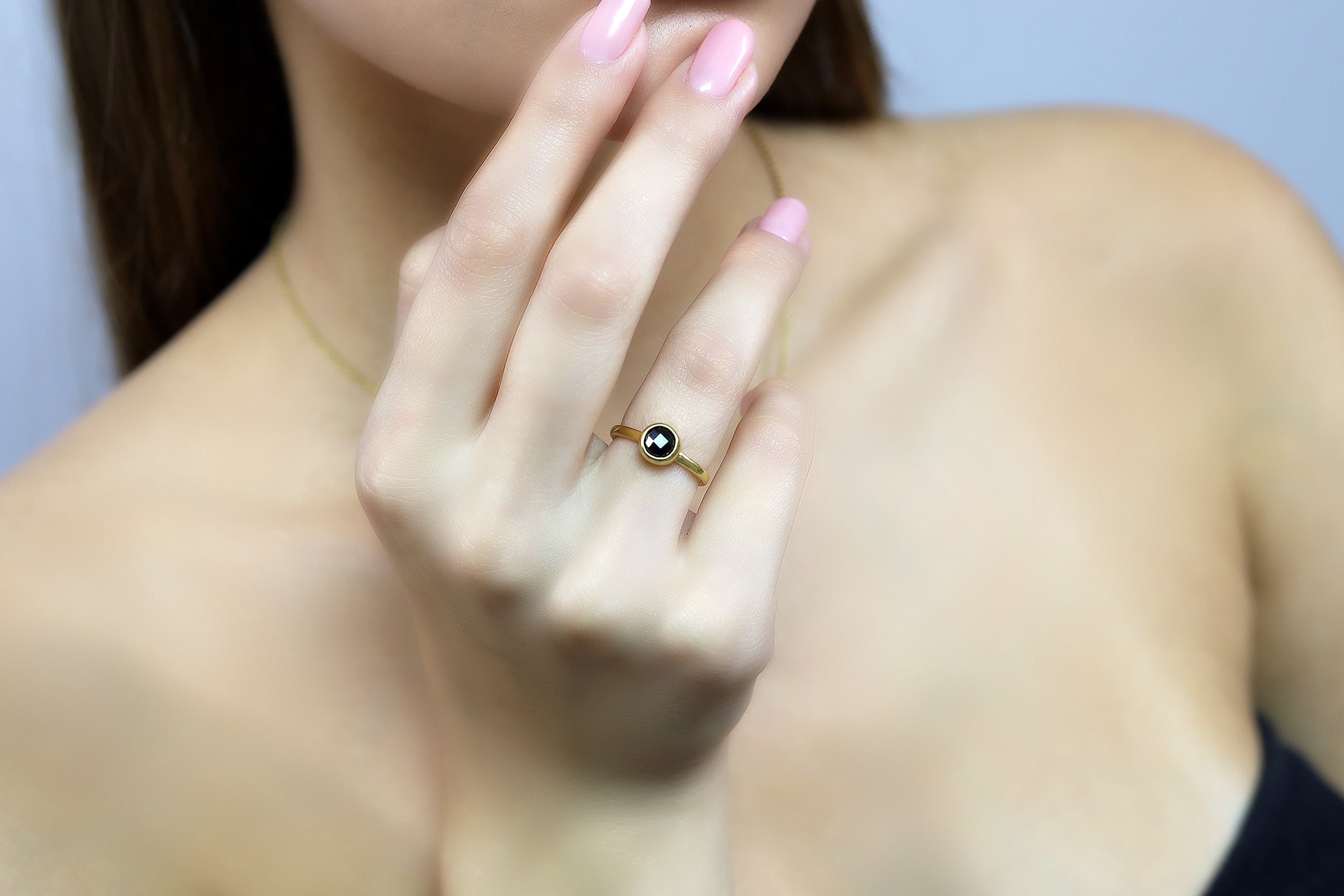 Round Faceted Black Onyx Stackable Bezel Ring Rings Anemone Limited