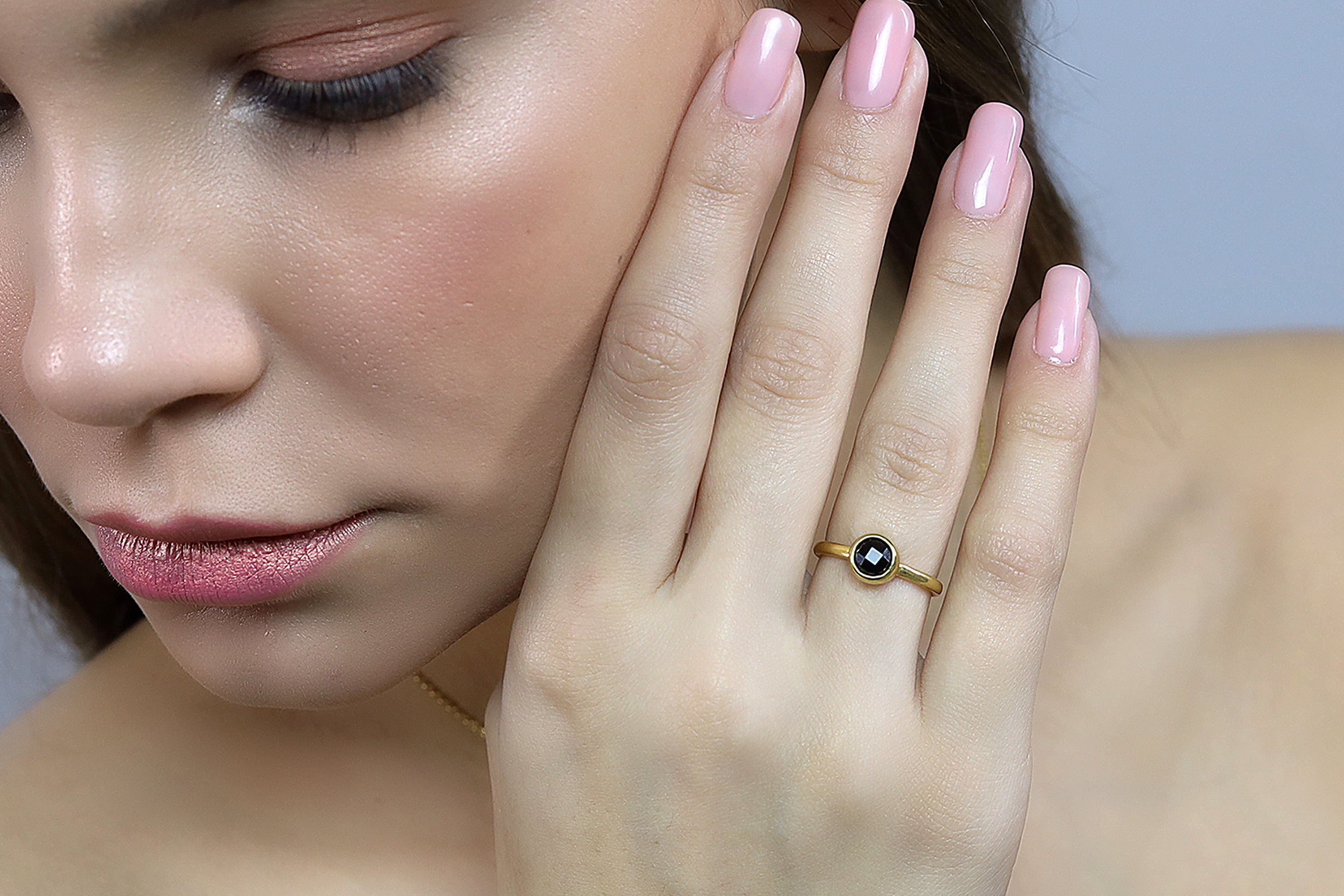Round Faceted Black Onyx Stackable Bezel Ring Rings Anemone Limited