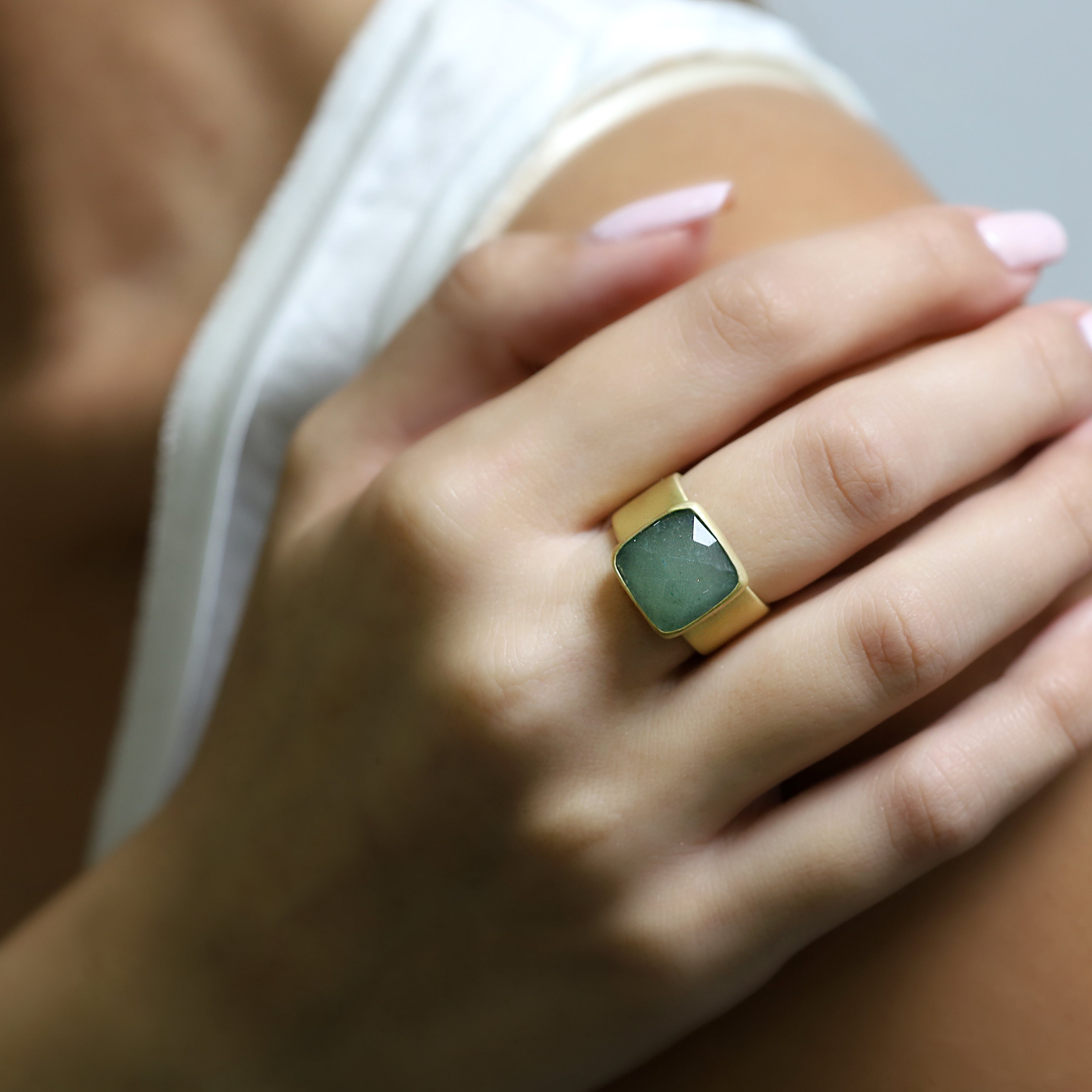 Thick Band Bezel Set Green Aventurine Gold Ring Rings Anemone Limited