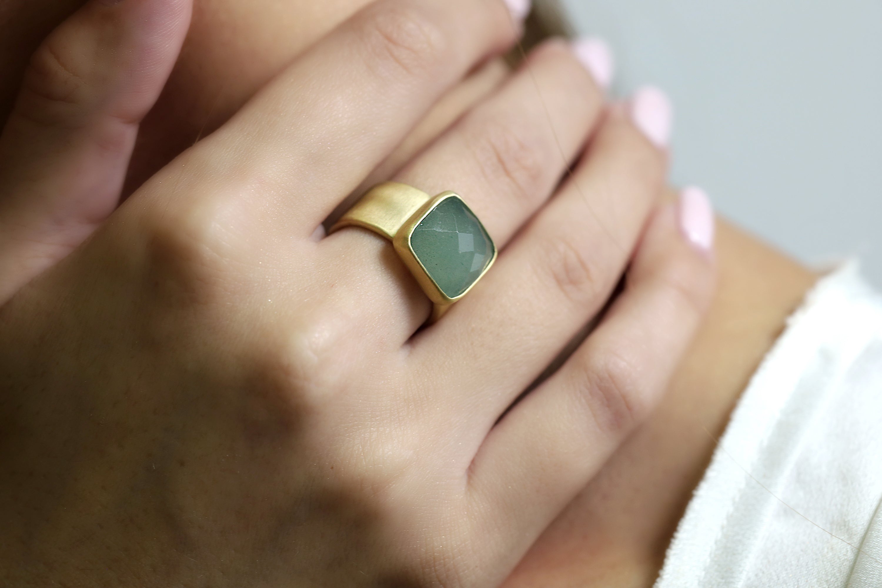 Thick Band Bezel Set Green Aventurine Gold Ring Rings Anemone Limited