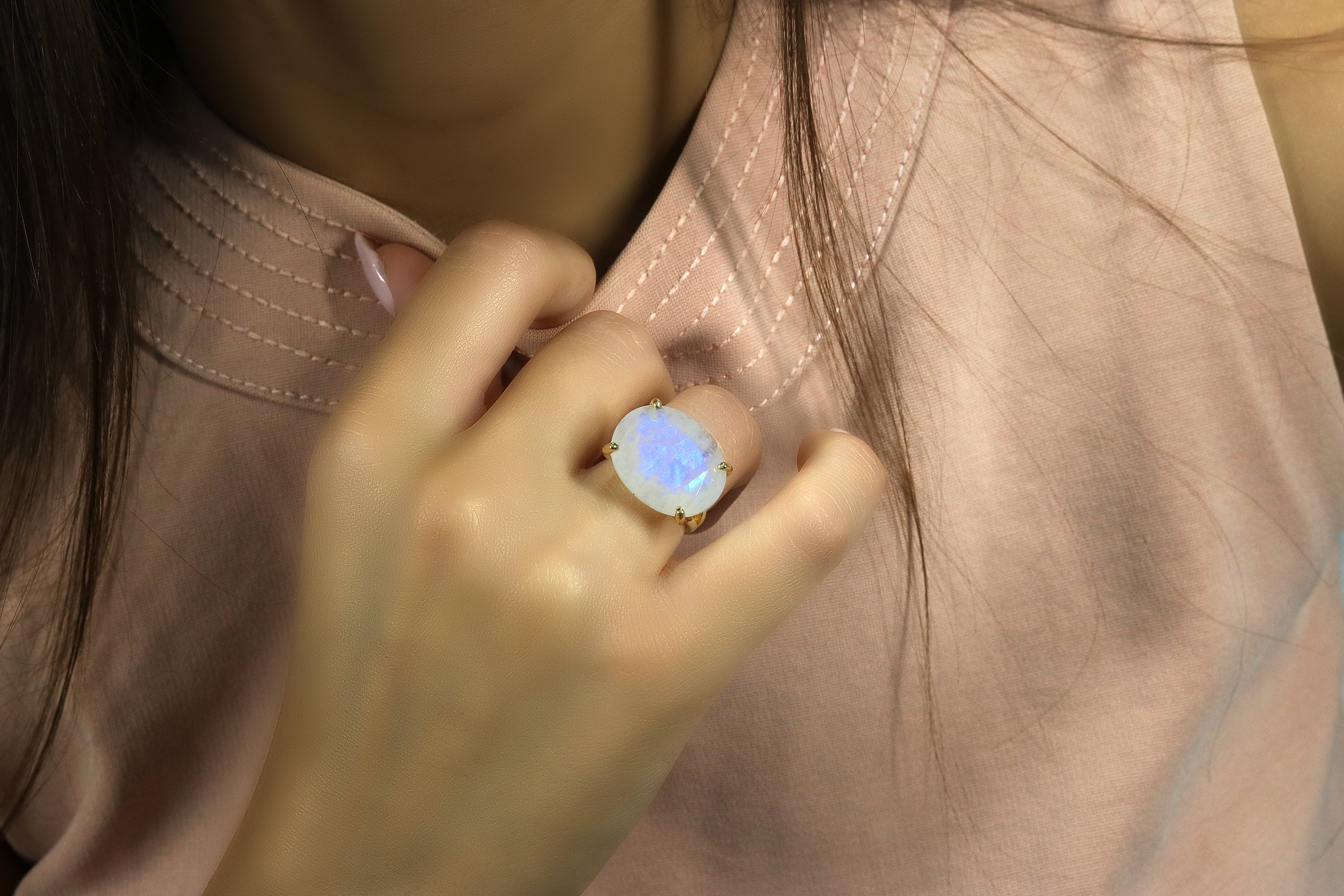 Iridescent Rainbow Moonstone Gold Ring Rings Anemone Jewelry