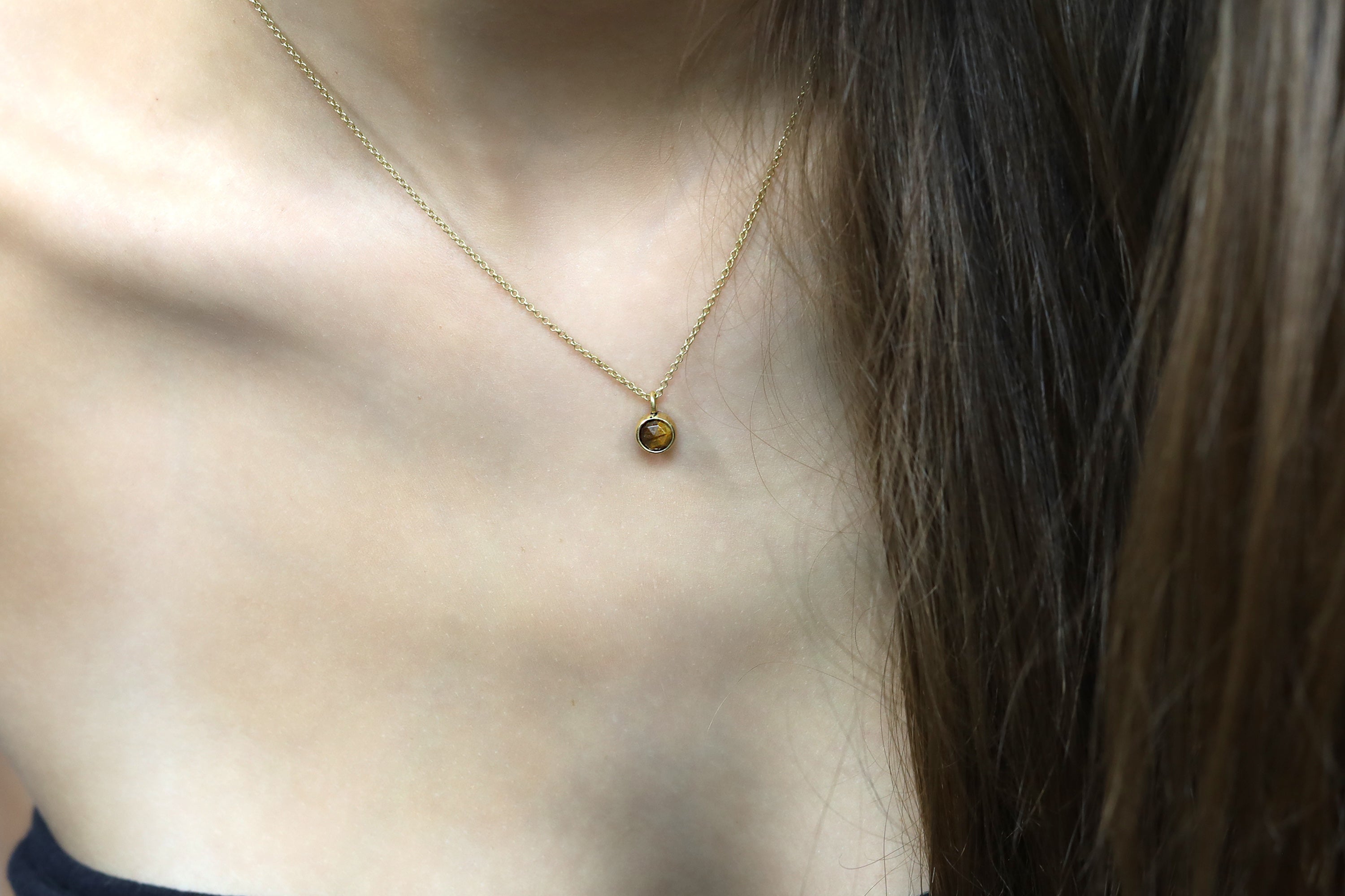 Round Bezel Set Tiger Eye Pendant Necklace in Gold necklaces Anemone Limited